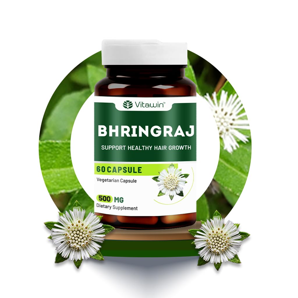 VitaWin Bhringraj Hair Growth Supplement - 500mg Natural Herbal Capsules for Healthy Hair (60 Count, Vegan) | Promotes Thicker, Stronger Hair Growth for Men & Women | Perfect for Daily Hair Care Routine & Ayurvedic Wellness
