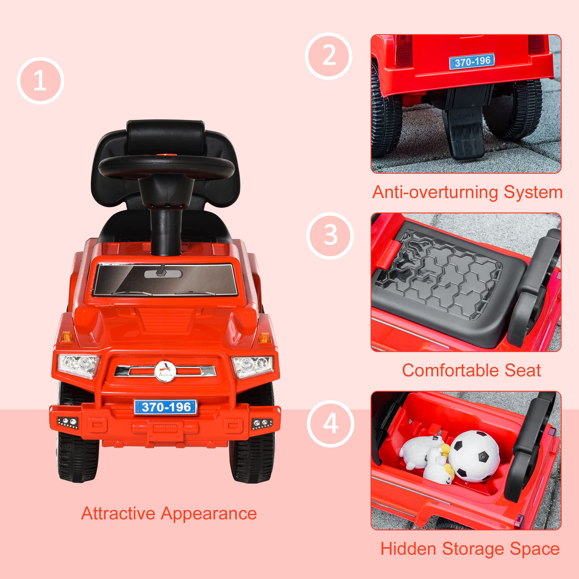 Aosom Kids Ride On Push Car - SUV Style Sliding Walking Toy for Toddlers with Horn, Music, LED Lights, Hidden Storage & Anti-Tip Safety System - Red | Fun Outdoor & Indoor Play Vehicle for Boys & Girls Ages 1-3 Years