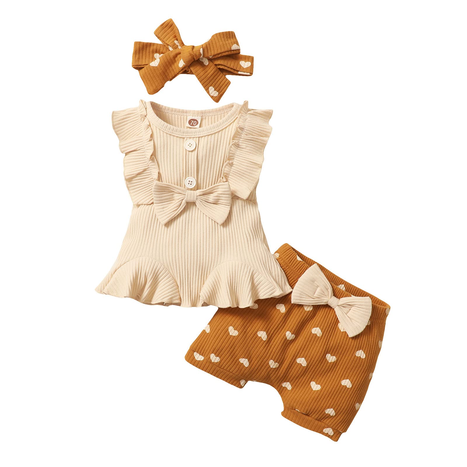 Baby Girl Ruffled Sleeveless Bow Top + Ribbed Vest + Heart Print Shorts + Headband Set - Toddler Summer Outfit for Playdates, Beach & Photo Shoots