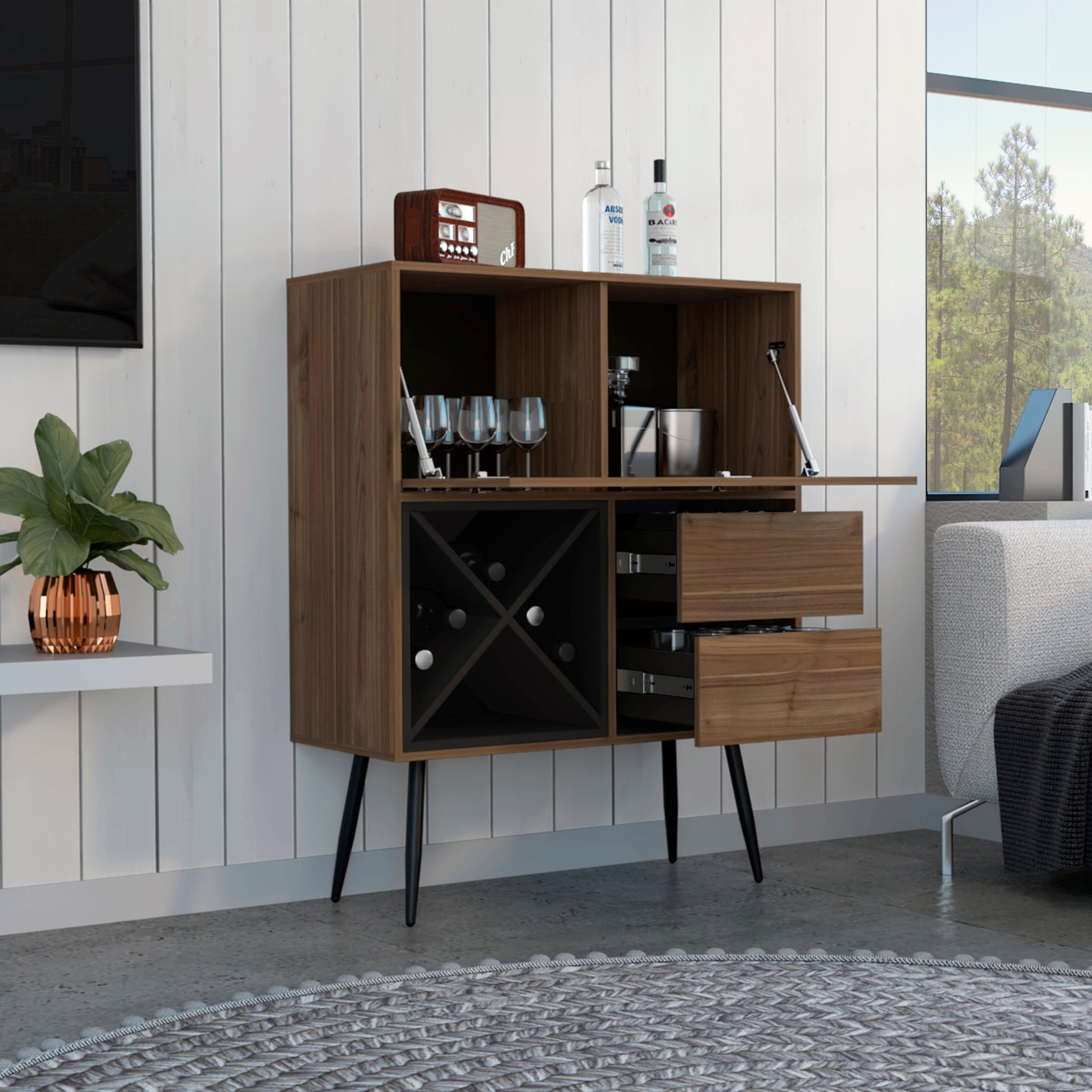 Tuhome Prunus Bar Cabinet with 2 Drawers - Mahogany & Black Finish - Stylish Home Bar Storage for Living Room, Dining Room or Office