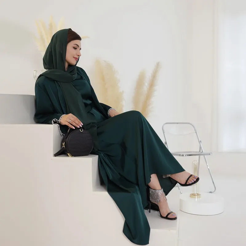Elegant Muslim Women's Beaded Sleeve Satin Cardigan Open Abaya Dress for Eid, Wedding, Party & Special Occasions - Perfect for Islamic Celebrations, Festivals and Formal Events