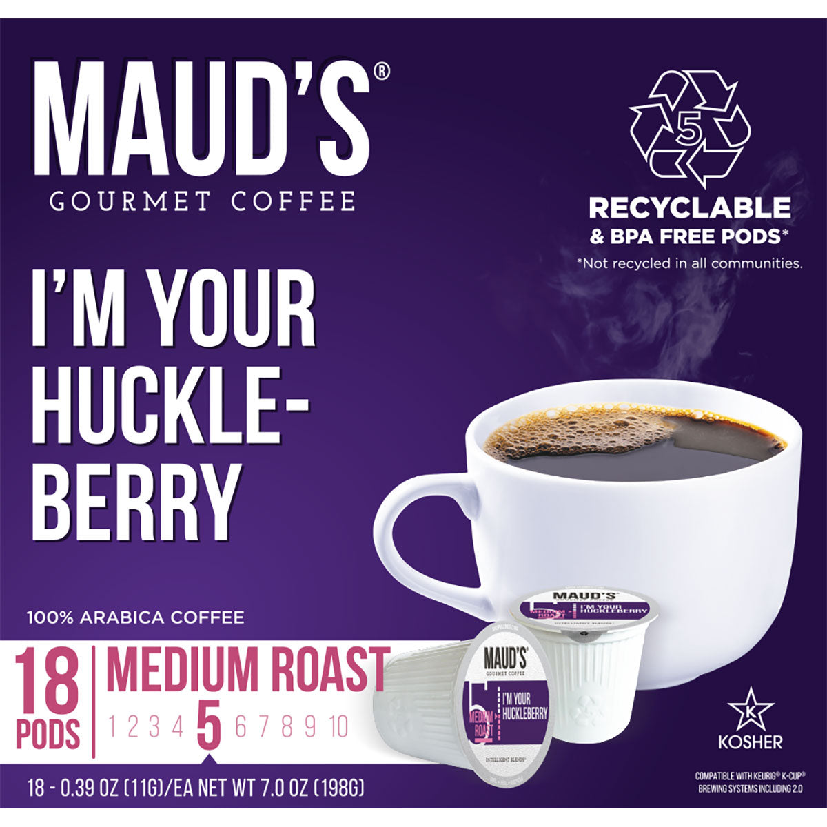 Premium Maud's Huckleberry Flavored Coffee Pods - 100% Arabica K-Cup Compatible Pods for Keurig Brewers - Perfect for Breakfast, Office or Gift Giving