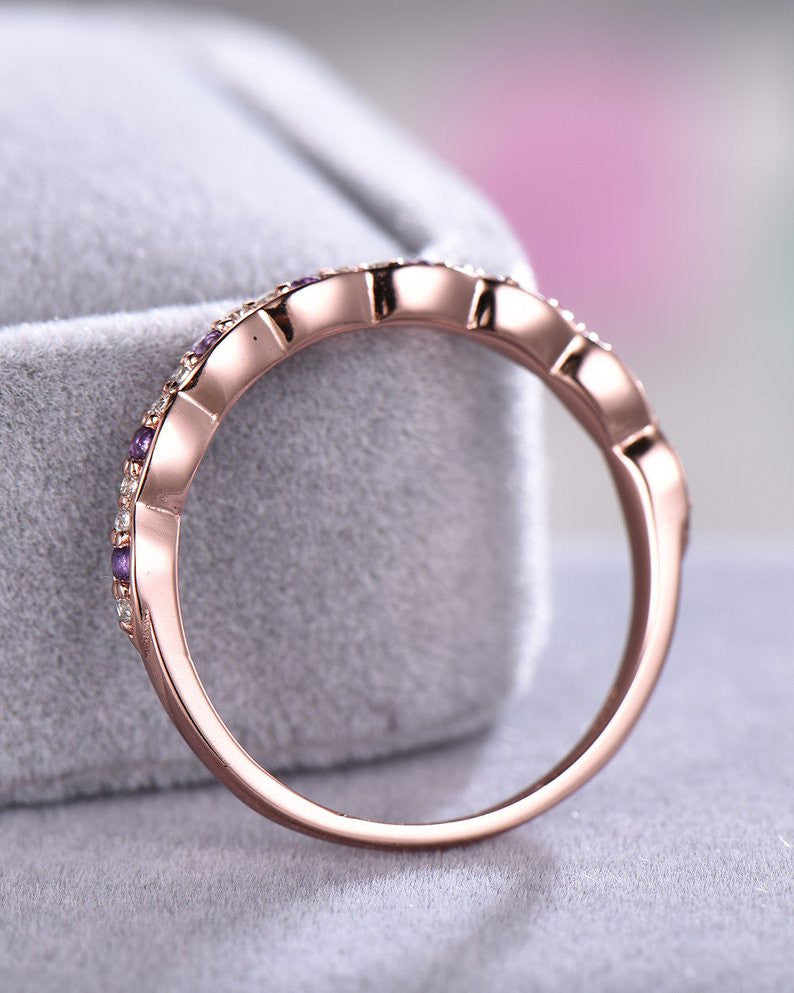 14K Rose Gold Amethyst Diamond Wedding Band - Vintage Marquise Half Eternity Engagement Ring for Women, Stackable Birthstone Jewelry for Bridal, Anniversary & Special Occasions