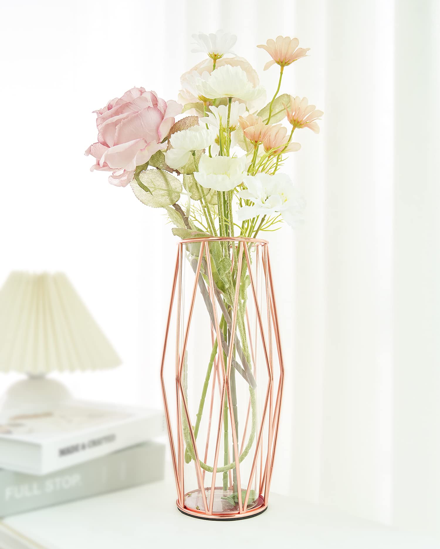 Premium Rose Gold Flower Glass Vase with Metal Stand - 11 Inch Modern Home Decor for Living Room, Wedding Centerpiece, Dining Table & Office Desk Decoration
