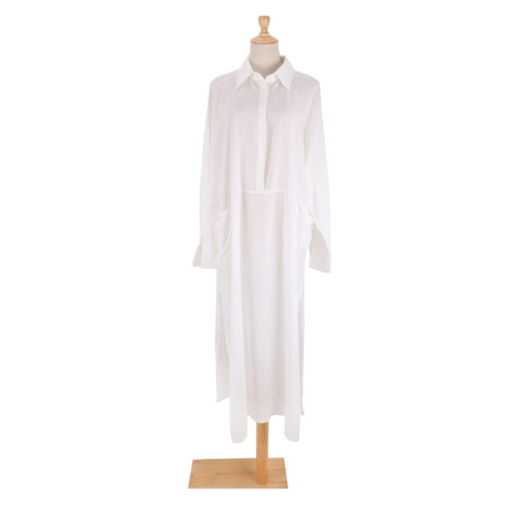 Boho White Beach Cover Up for Women - Long Sleeve Vintage Lapel Shirt Dress, Casual Bikini Cover Up, One Size (Perfect for Pool Parties, Vacations & Summer Outings)