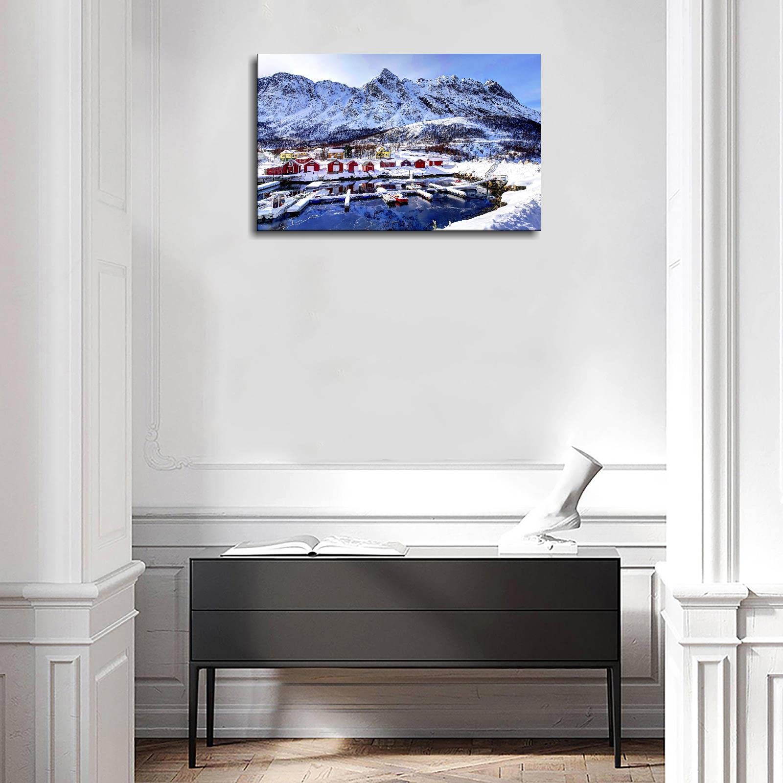 Norway Bay Mountains Winter Landscape Canvas Print - Framed 42x24 Inch Wall Art for Home & Office Decor - Perfect for Living Room, Bedroom & Workspace