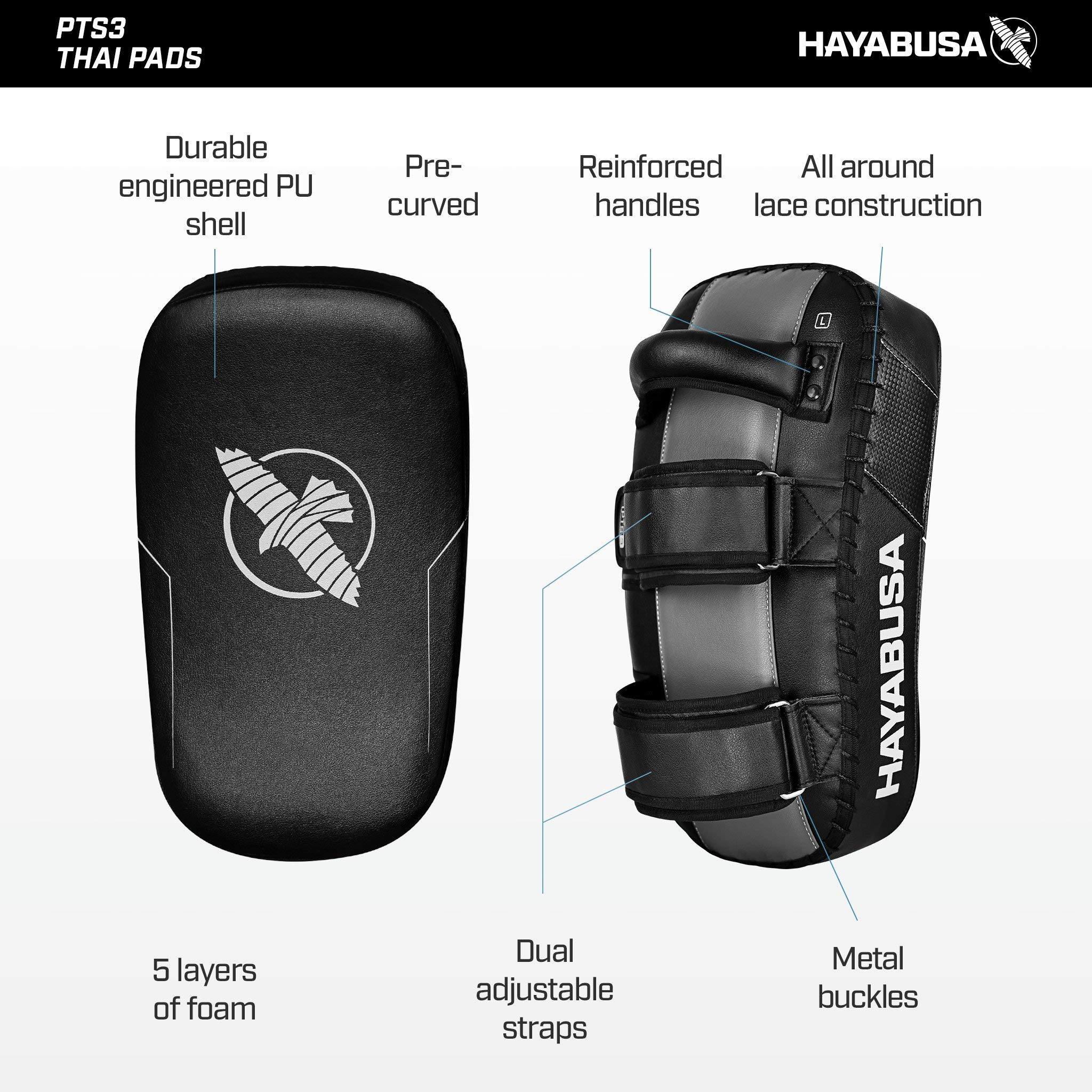 Hayabusa PTS 3 Thai Pads - Premium Muay Thai Kickboxing Training Equipment (Pair, Black) - Perfect for MMA, Martial Arts & Fitness Training