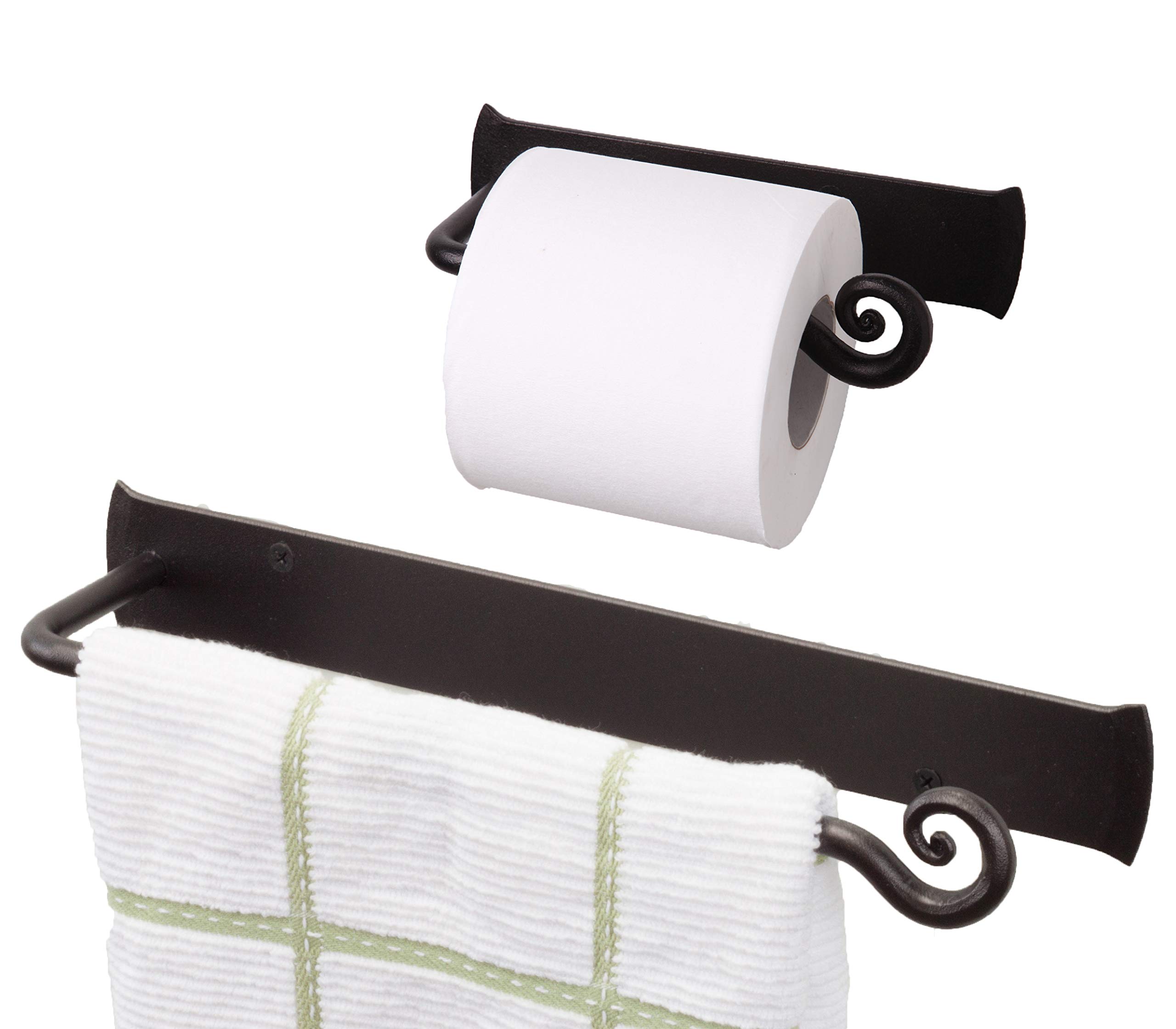 RTZEN Wrought Iron Bathroom Accessories Set - Decorative Hand Towel Bar & Toilet Paper Holder | Rustic Farmhouse Style for Bathroom Decor | Perfect for Home, Apartment, and Guest Bathroom Organization