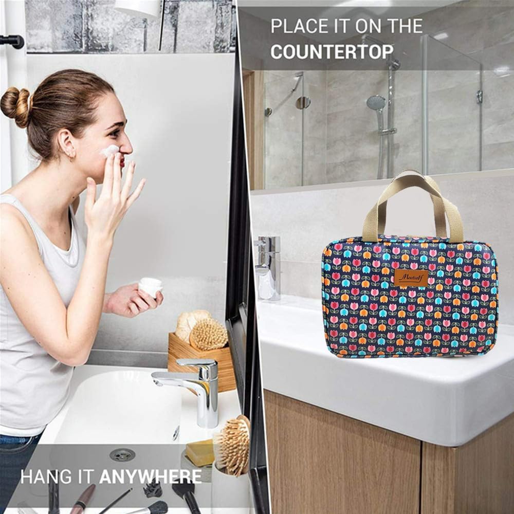 Large Makeup Bag for Women Travel - Little Flower Blue Cosmetic Organizer
