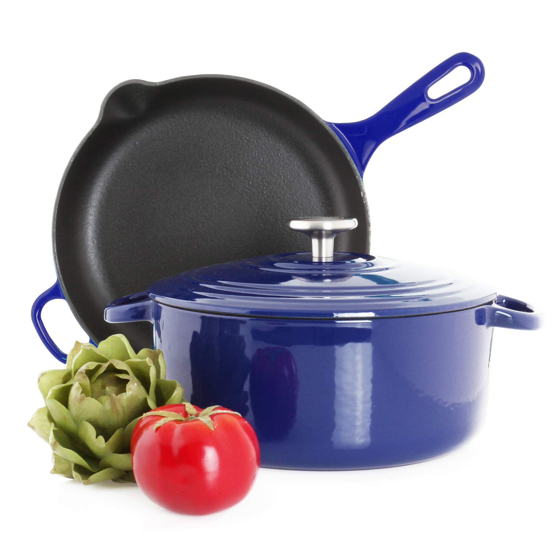 Chantal Enameled Cast Iron Cookware Set - 3-Piece Nonstick Kitchen Cookware with Lid, Cobalt Blue | Dutch Oven & Skillet for Baking, Roasting, Searing & Serving | Stovetop & Oven Safe to 500°F