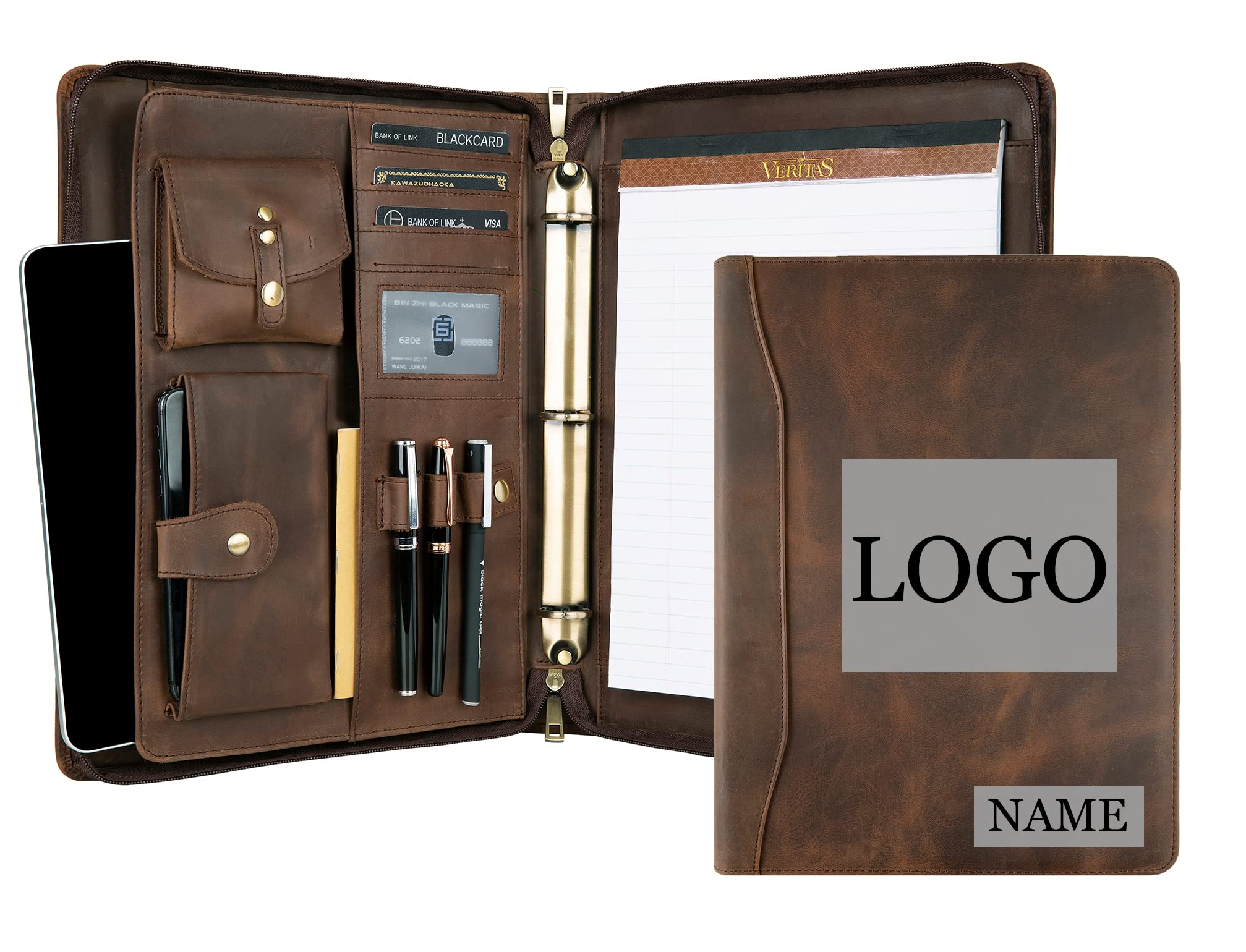 Premium Leather Portfolio with 3-Ring Binder - Personalized Zippered Executive Padfolio & Organizer - Custom Engraved Leather Folder for Men & Women (Dark Khaki) - Perfect for Business Meetings, Corporate Gifts & Professional Presentations