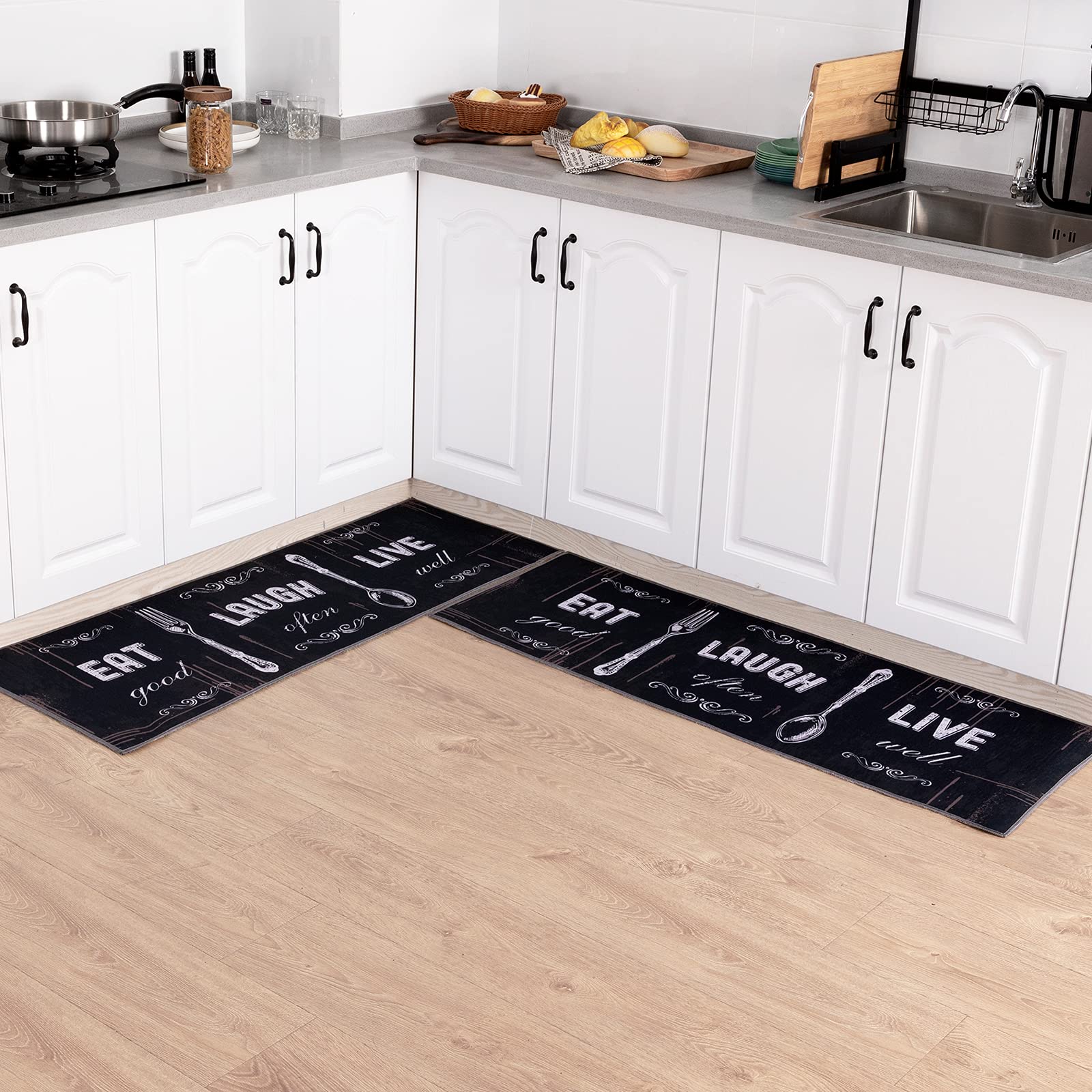 **Non-Slip 2-Piece Kitchen Rug Set - Carvapet Anti-Skid Backing Mats for Floor Protection, Black/Dark Grey Motto Design (17
