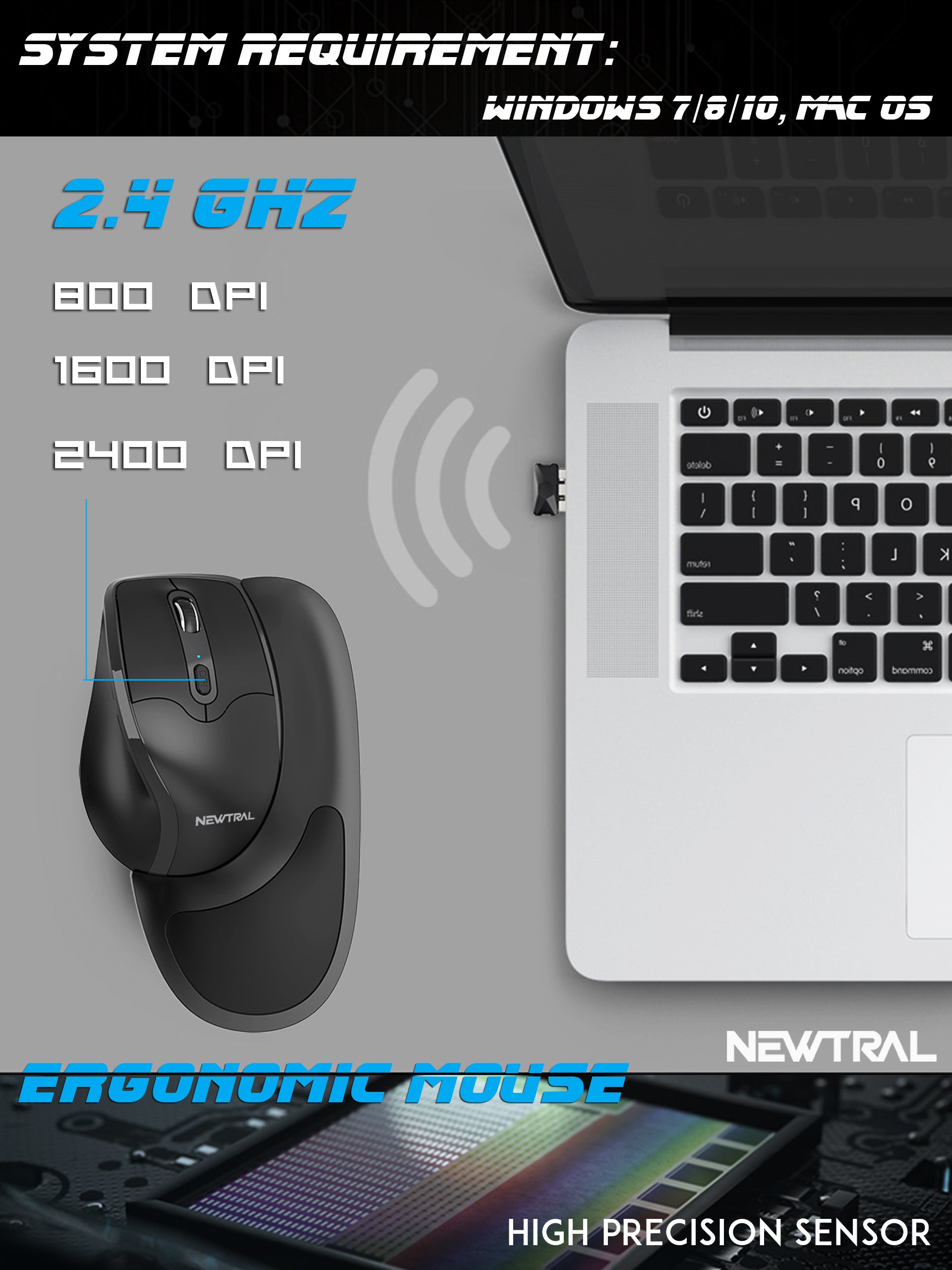 Newtral 3 Wireless Mouse - Ergonomic Bluetooth Computer Mouse with Silent Click, 2.4G USB Receiver for Laptop, PC, Mac - Black | Perfect for Office, Home & Travel Use