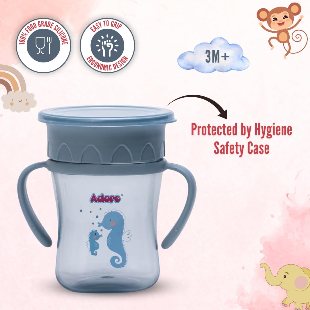 Adore Magic 360 Spoutless Sipper Cup with Handle - Leak Proof Baby Water Bottle for 6-12 Months | Anti Spill Straw Cup for Toddlers & Kids | BPA Free Spill Proof Training Cup (250ml, Blue) - Perfect for Daycare, Travel & Learning to Drink Independently