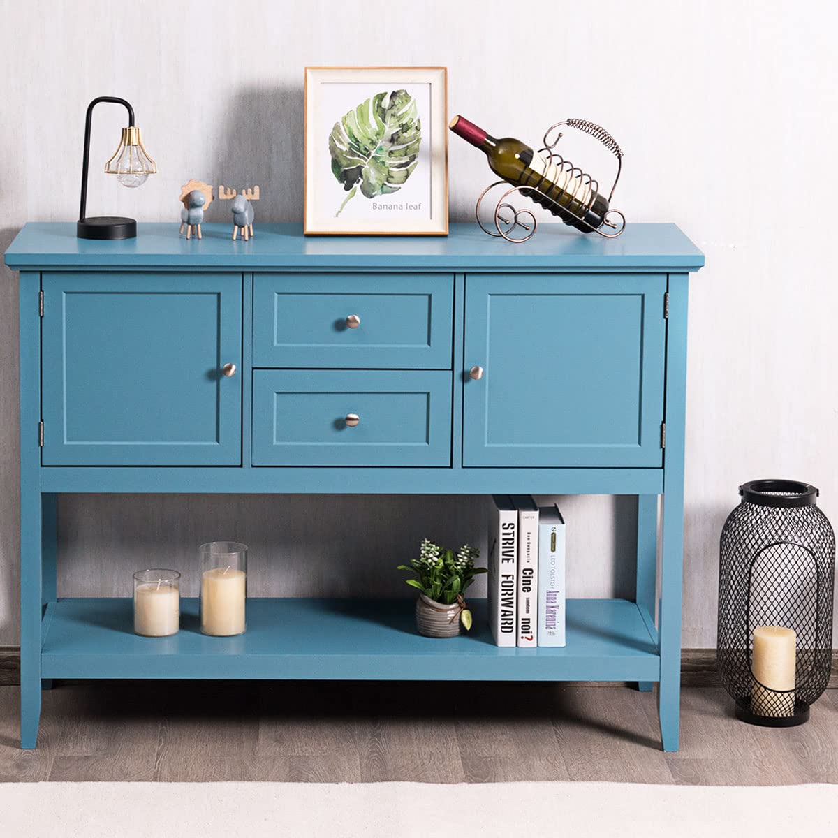 Furniga Wood Buffet Sideboard with Drawers & Cabinets for Living Room Dining Kitchen - Blue