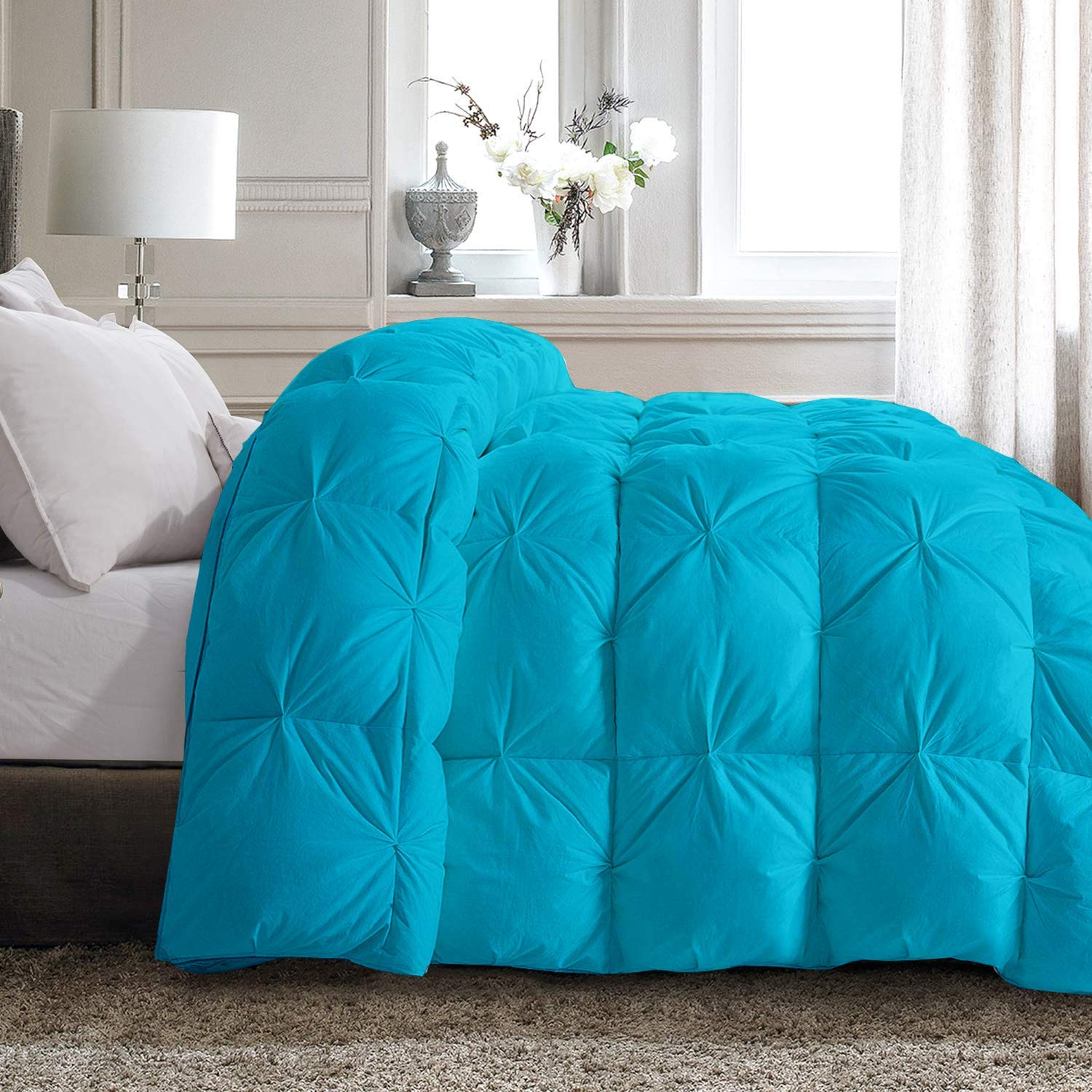 Turquoise Pinch Pleat Goose Down Comforter Set - Twin/Twin XL Size, 100% Egyptian Cotton Duvet Insert with 500 GSM Fill & Corner Tabs, 800 Thread Count Baffle Box Design - Includes 2 Pillowcases (3-Piece Set) | Luxury Bedding for Master Bedrooms, Guest Rooms & Cozy Winter Nights