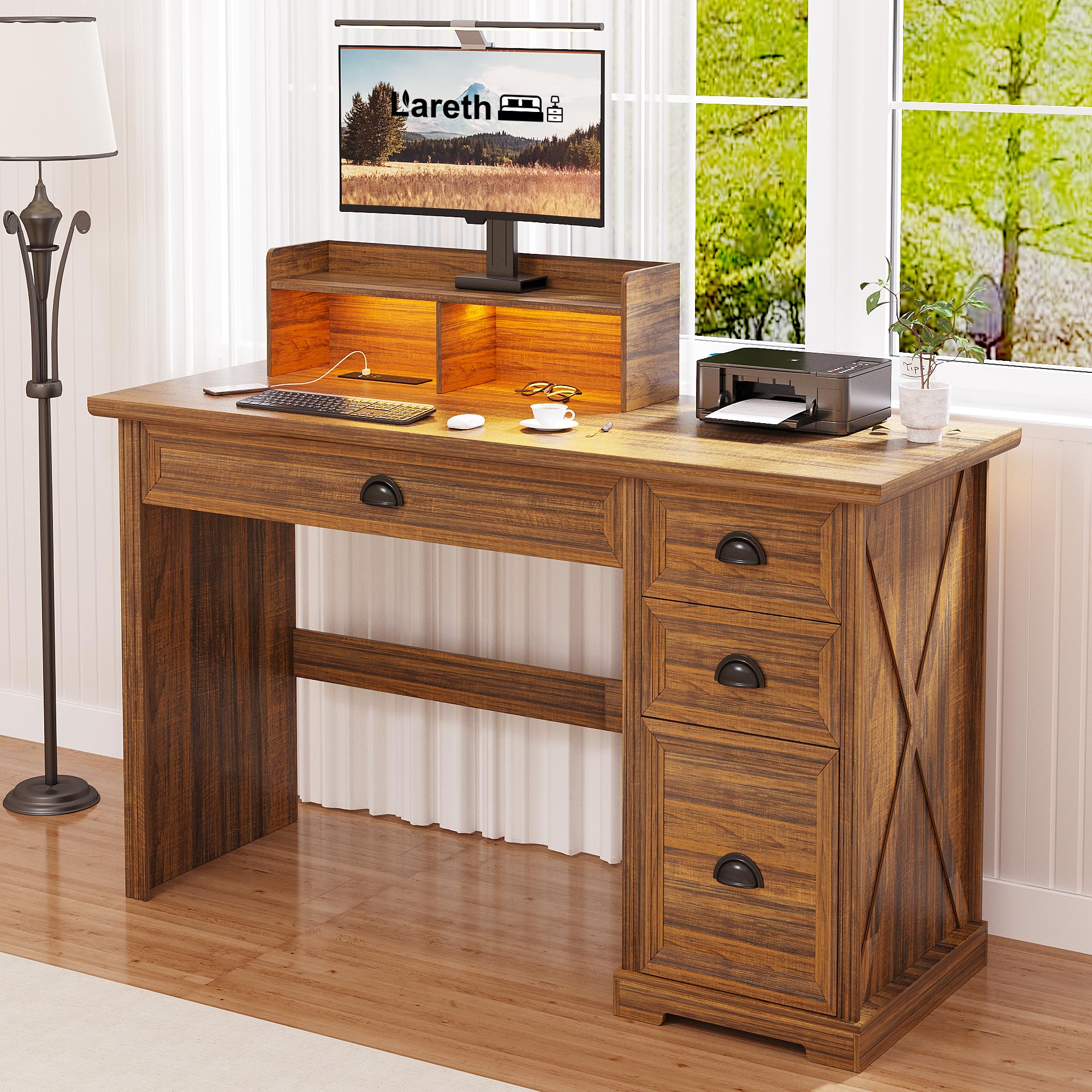 Farmhouse Computer Desk with Monitor Stand - 47 Inch Home Office Desk with LED Lights & Power Outlets, Writing Desk with Storage File Drawer for Working, Gaming & Study - Walnut Finish - Perfect for Home Office, Gaming Setup & Remote Work