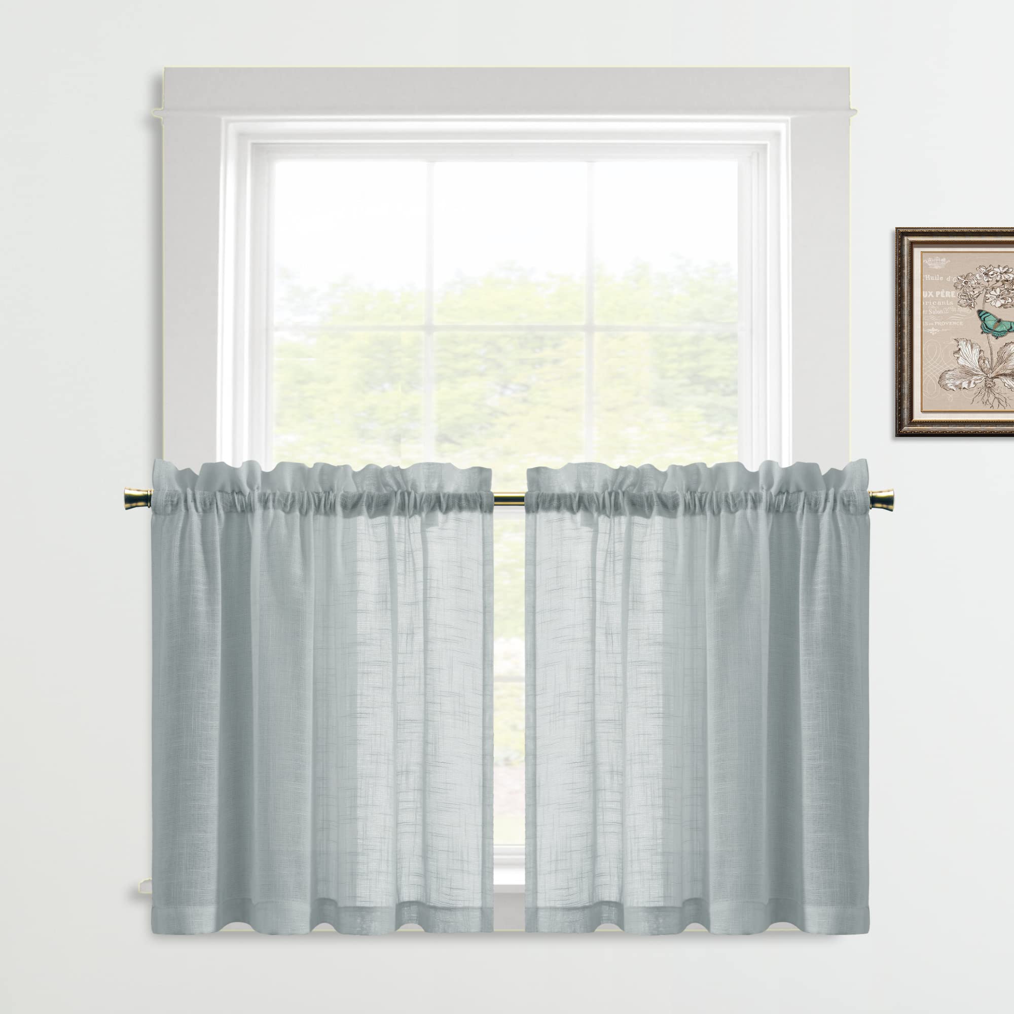 Vanlero Semi-Sheer Kitchen Window Curtains - 36x24 Inch Grey Linen Textured Valances with Dual Rod Pocket, Set of 2 Panels - Perfect for Small Windows, Cafe Style Decor & Privacy Sheer Drapes