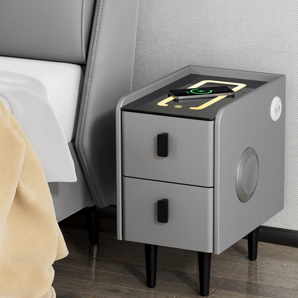 Compact Smart Bedside Table with Wireless Charging, LED Night Light & Bluetooth Speaker - Modern Grey Nightstand for Bedroom, Office, or Dorm Room - Perfect for Charging Devices, Ambient Lighting & Music Playback