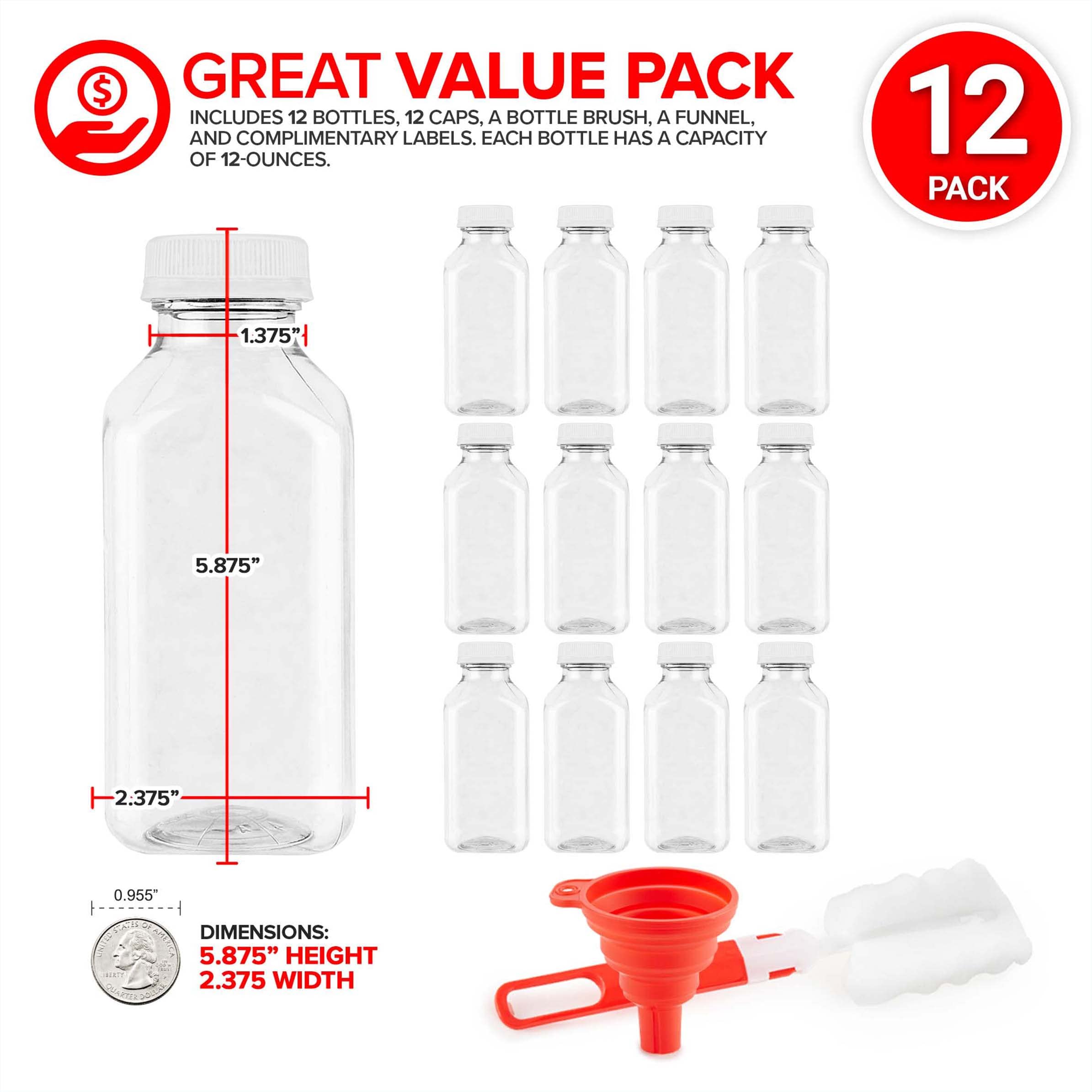 12 oz Clear Reusable Plastic Juice Bottles with Caps - Bulk 12 Pack for Juicing, Smoothies, Shots & Water Storage | Perfect for Mini Fridges, Home Bars, Gym & Office Use
