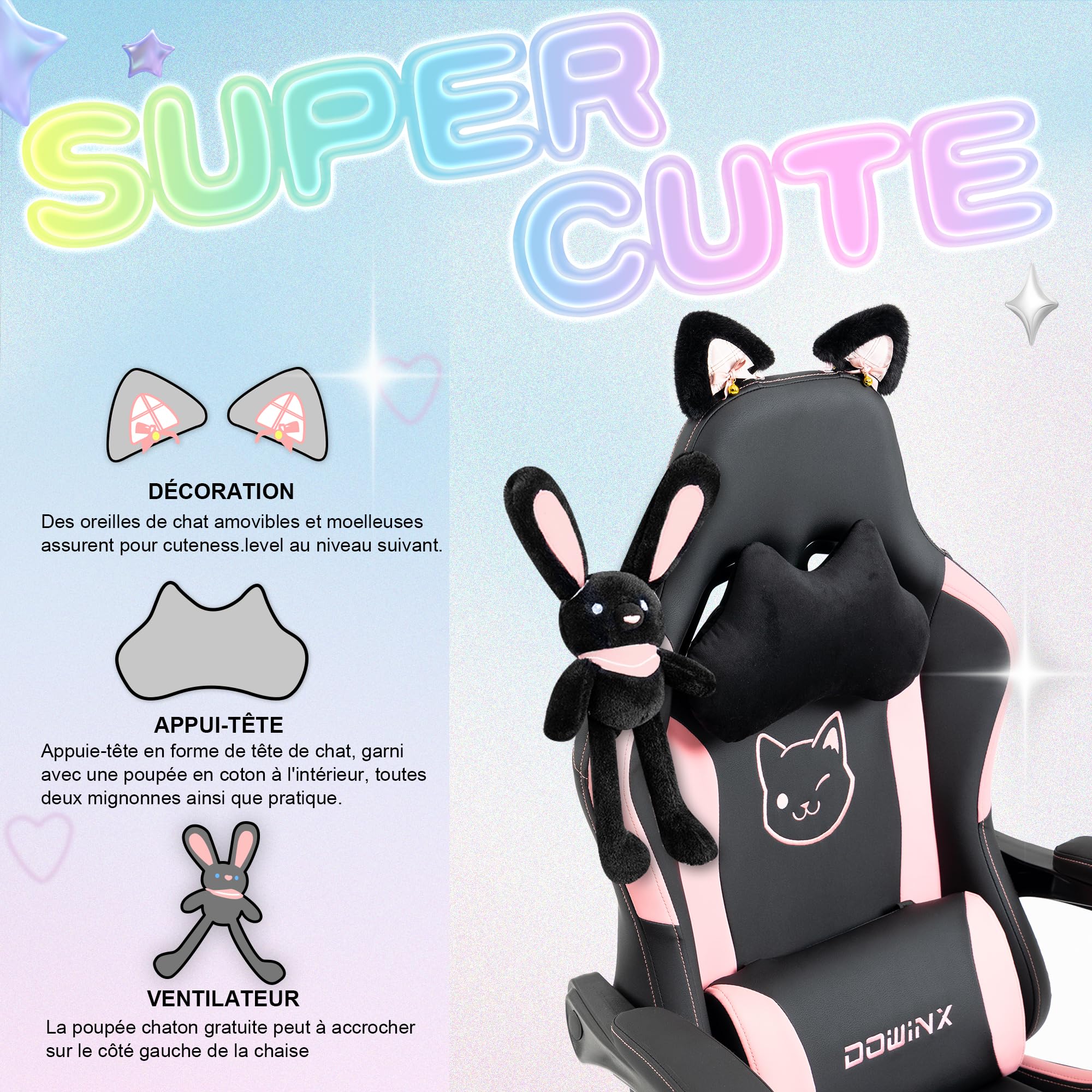 Dowinx Sweet Cat Edition Ergonomic Gaming Chair - High Back PU Leather Computer Chair with Lumbar Support & Footrest, Black - Perfect for Gaming, Office Work & Home Comfort