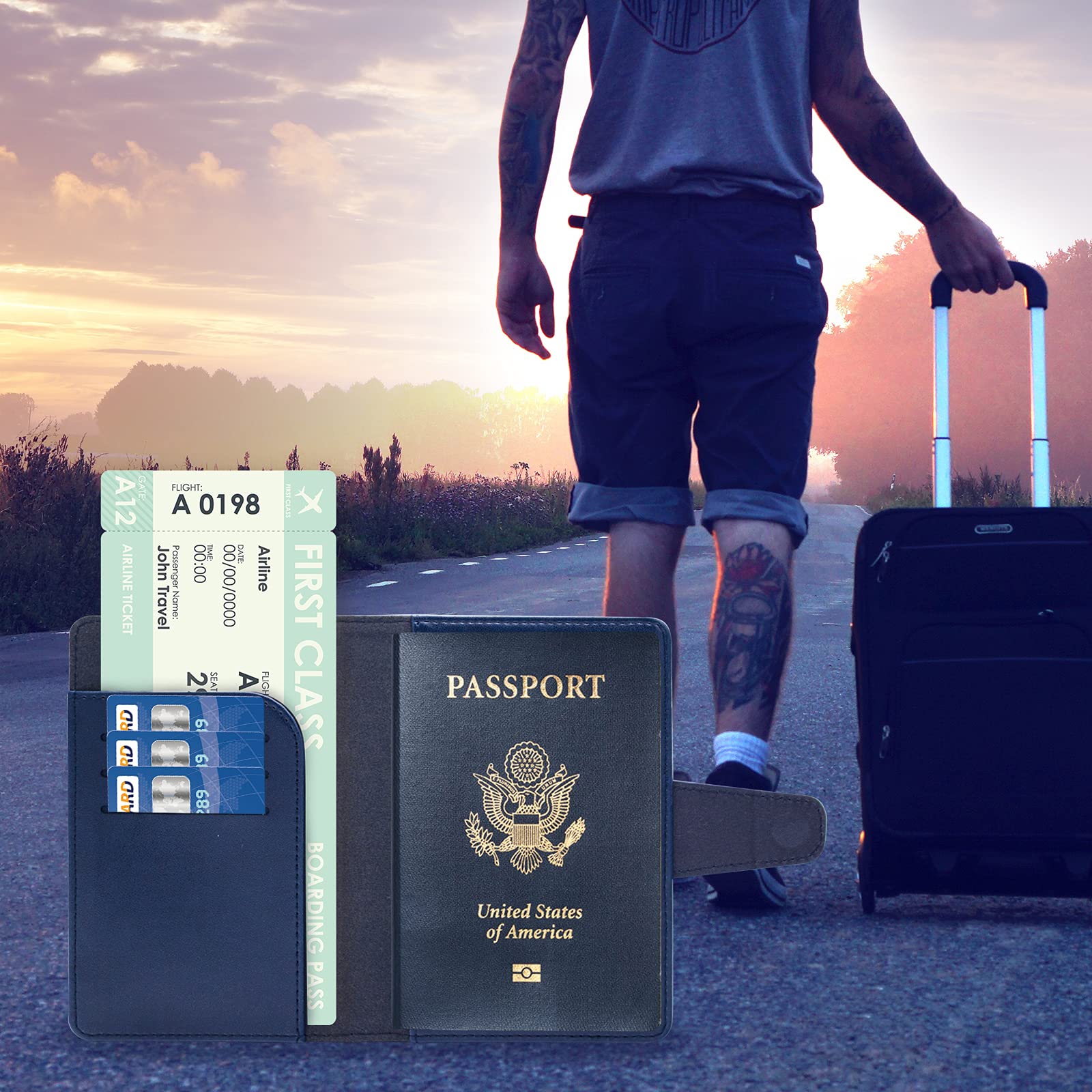 Premium RFID Blocking Passport Holder Wallet - Travel Essentials with Credit Card Slots & Air Ticket Pocket - Secure & Stylish Blue Passport Cover for International Trips & Business Travel