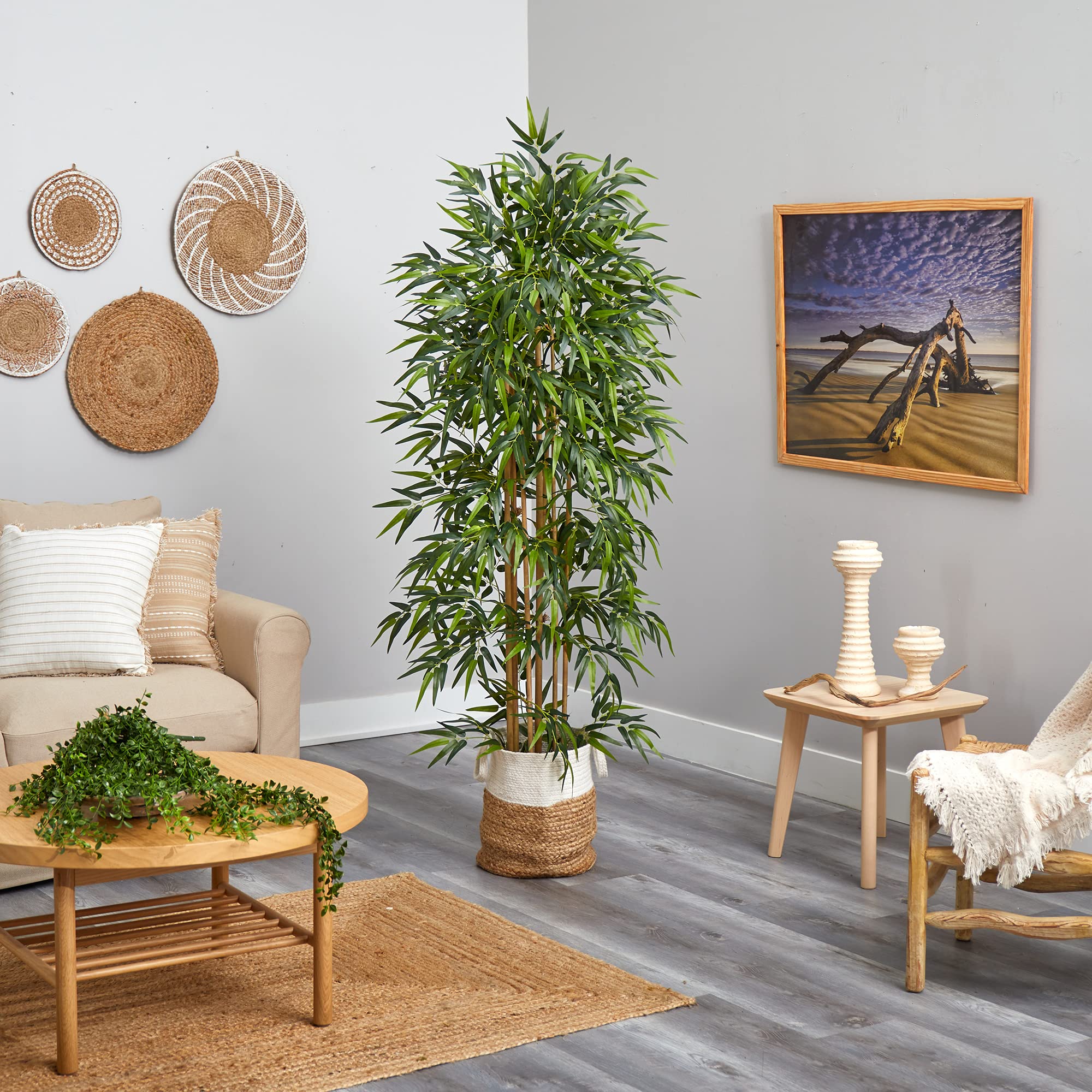 Nearly Natural 75in. Green Bamboo Artificial Tree in Handmade Jute & Cotton Planter - Perfect for Home Decor, Office, Living Room & Indoor Spaces