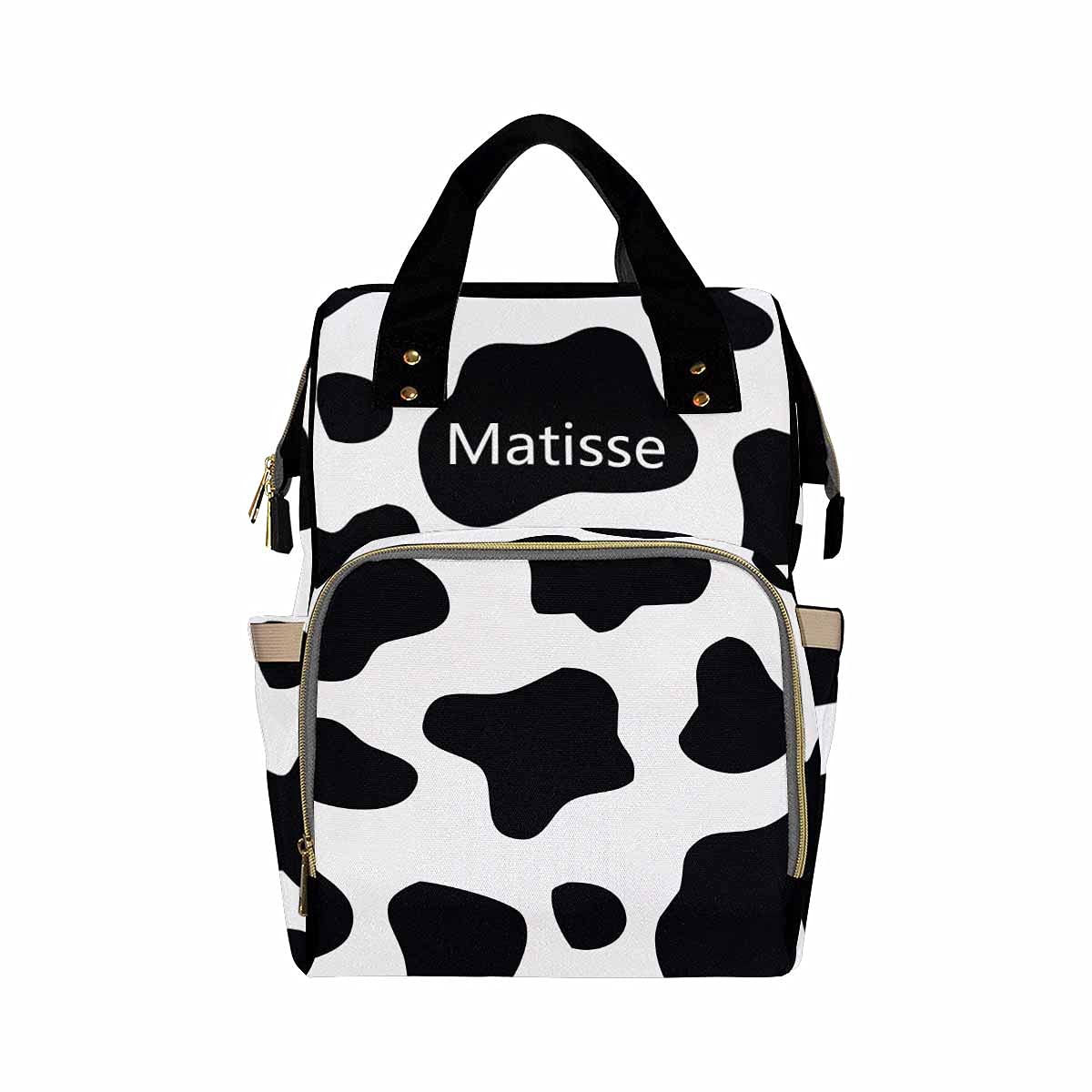 Personalized Black Diaper Backpack for Baby Girls & Boys - Custom Name Cows Print, Waterproof Multifunctional Travel Daypack for Moms & Dads - Perfect for Daycare, Outings & Baby Shower Gifts