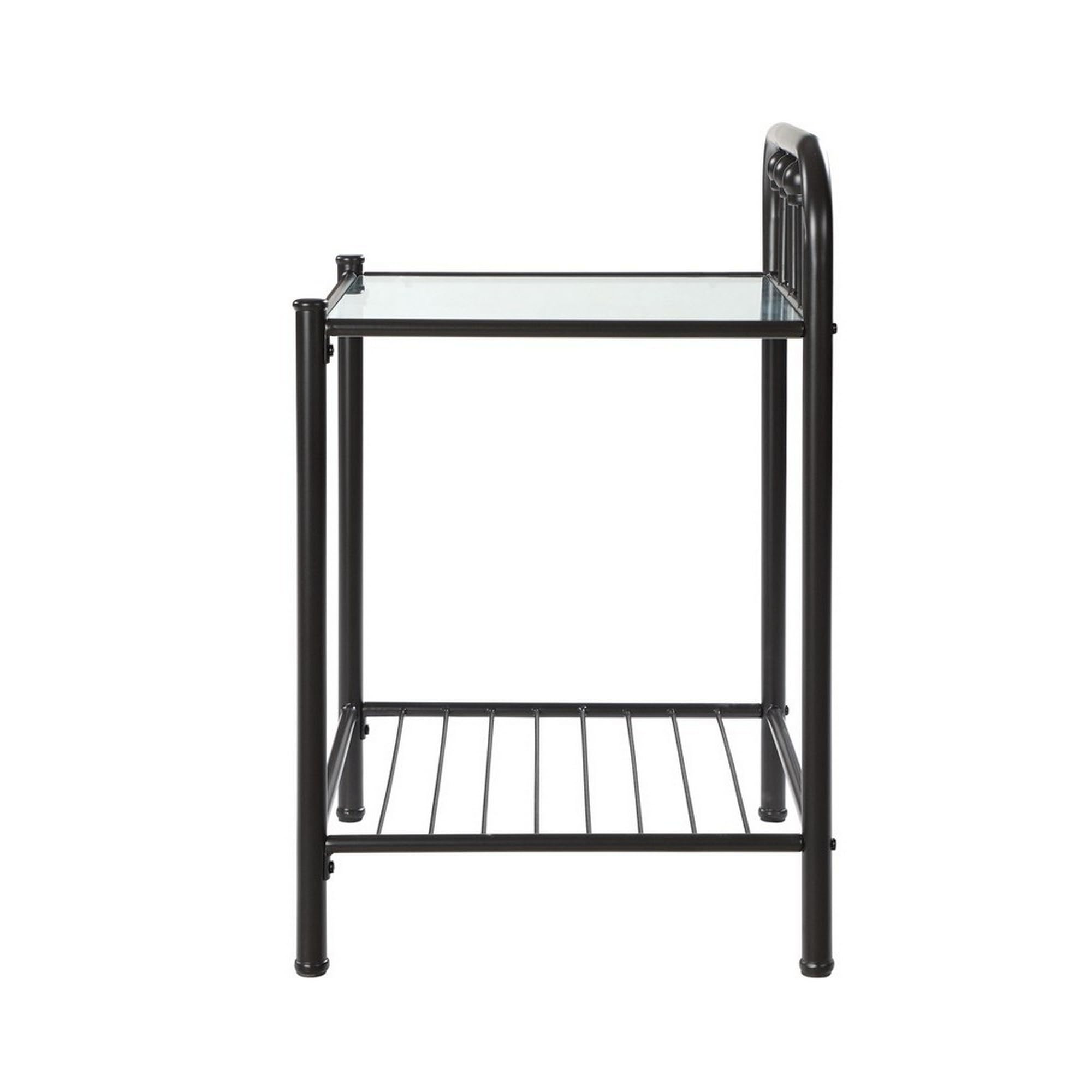 Black Benjara Metal Nightstand with Glass Top & Slatted Open Bottom Shelf - Modern Bedside Table for Bedroom, Living Room, or Office