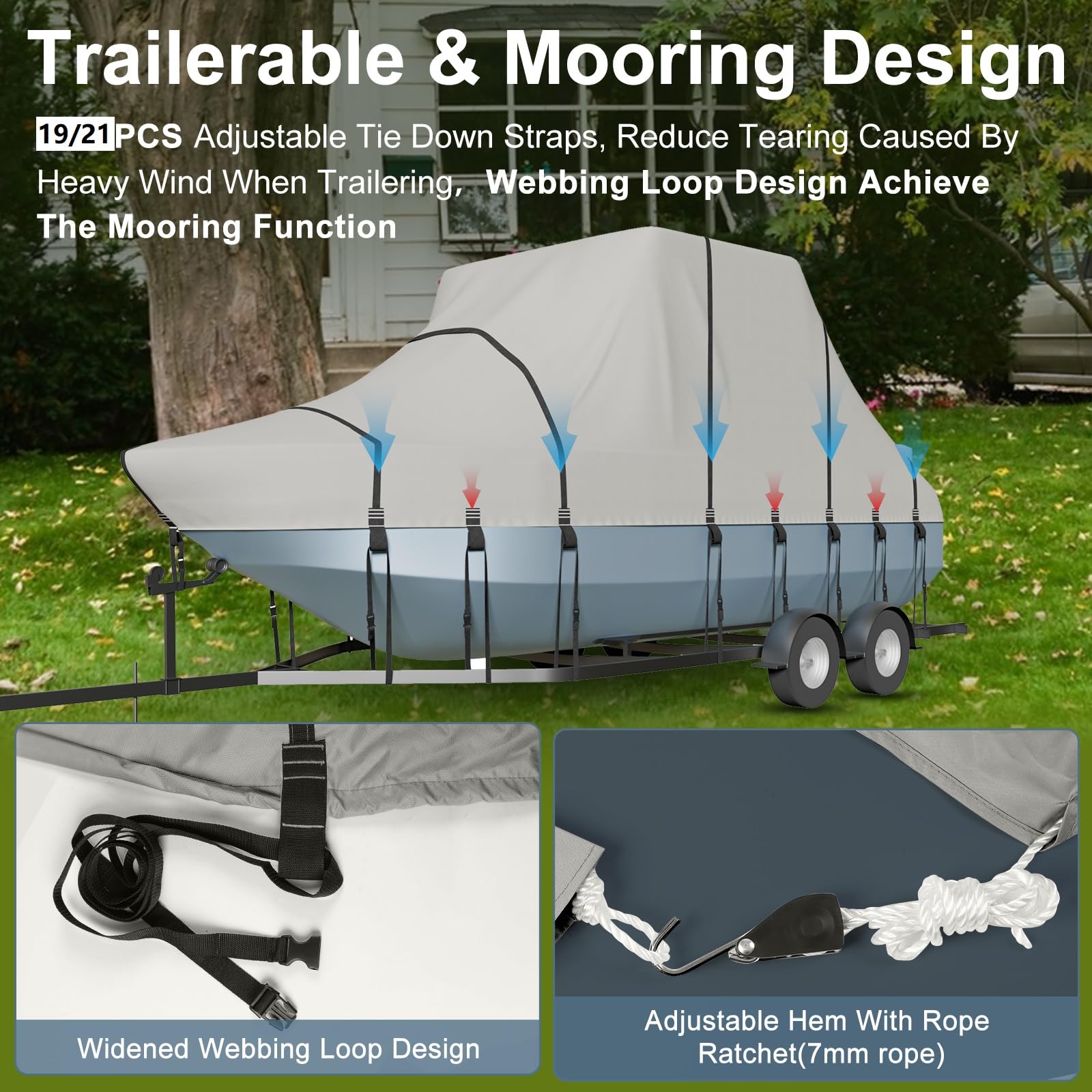 Premium 900D 100% Waterproof T-Top Boat Cover - Fade-Proof & UV-Resistant Solution Dyed Fabric with 21 Windproof Straps - Fits 23'-25' Center Console Boats with T-Top Roof - Includes Motor Cover - Ideal for Trailering, Storage & All-Weather Protection