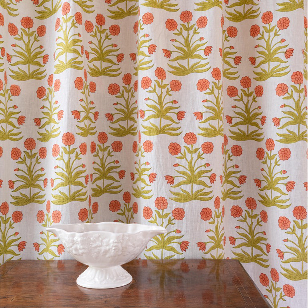 Authentic Mughal Block Printed Linen Fabric - Peach & Sap Green - Perfect for Home Decor, Clothing & DIY Crafts