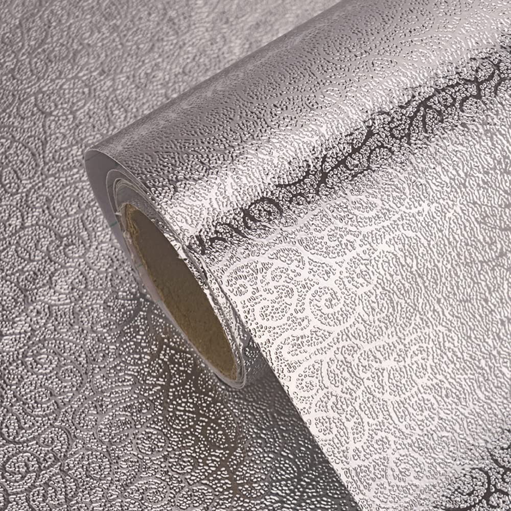 15.7'' x 196.8'' Self-Adhesive Kitchen Backsplash Wallpaper - Oil Proof & Heat Resistant Aluminum Foil Contact Paper for Countertops, Drawers, Shelf Liners (Silver) | Perfect for Modern Kitchens, DIY Home Decor & Easy Peel-and-Stick Installation