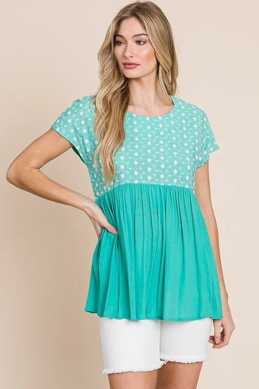 Women's Full Size Embroidered Mint Green Short Sleeve Pleated Babydoll Top - Casual Summer Blouse for Beach, Date Night & Everyday Wear