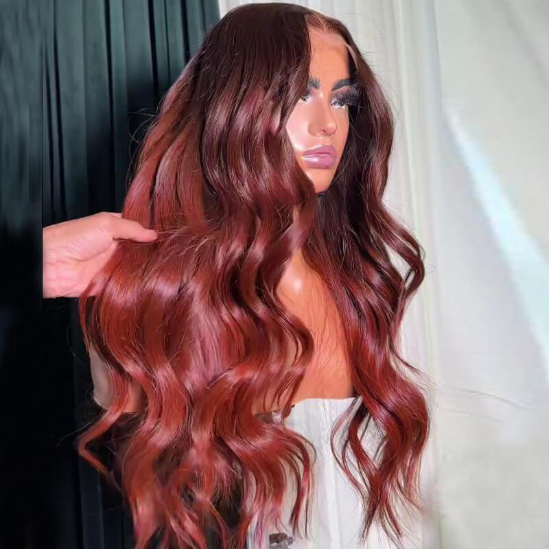 Eullair Ombre Reddish Brown Loose Wavy Human Hair Wig with Curtain Bangs - Layered Cut Glueless Lace Front Wig for Women | Perfect for Daily Wear, Cosplay & Special Occasions