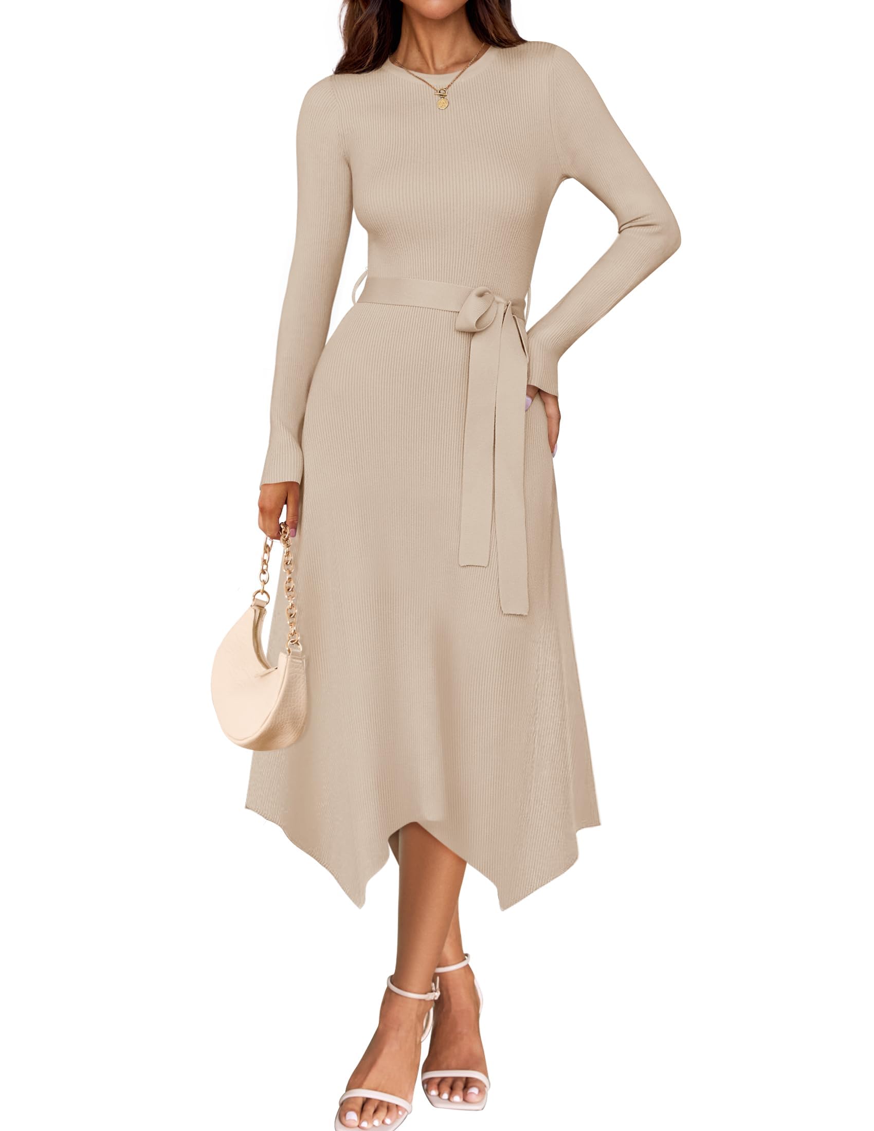 ZESICA Women's 2025 Spring Long Sleeve Ribbed Knit Sweater Dress with Belt - High Waist Midi Dress for Casual Outings, Office Wear & Date Nights