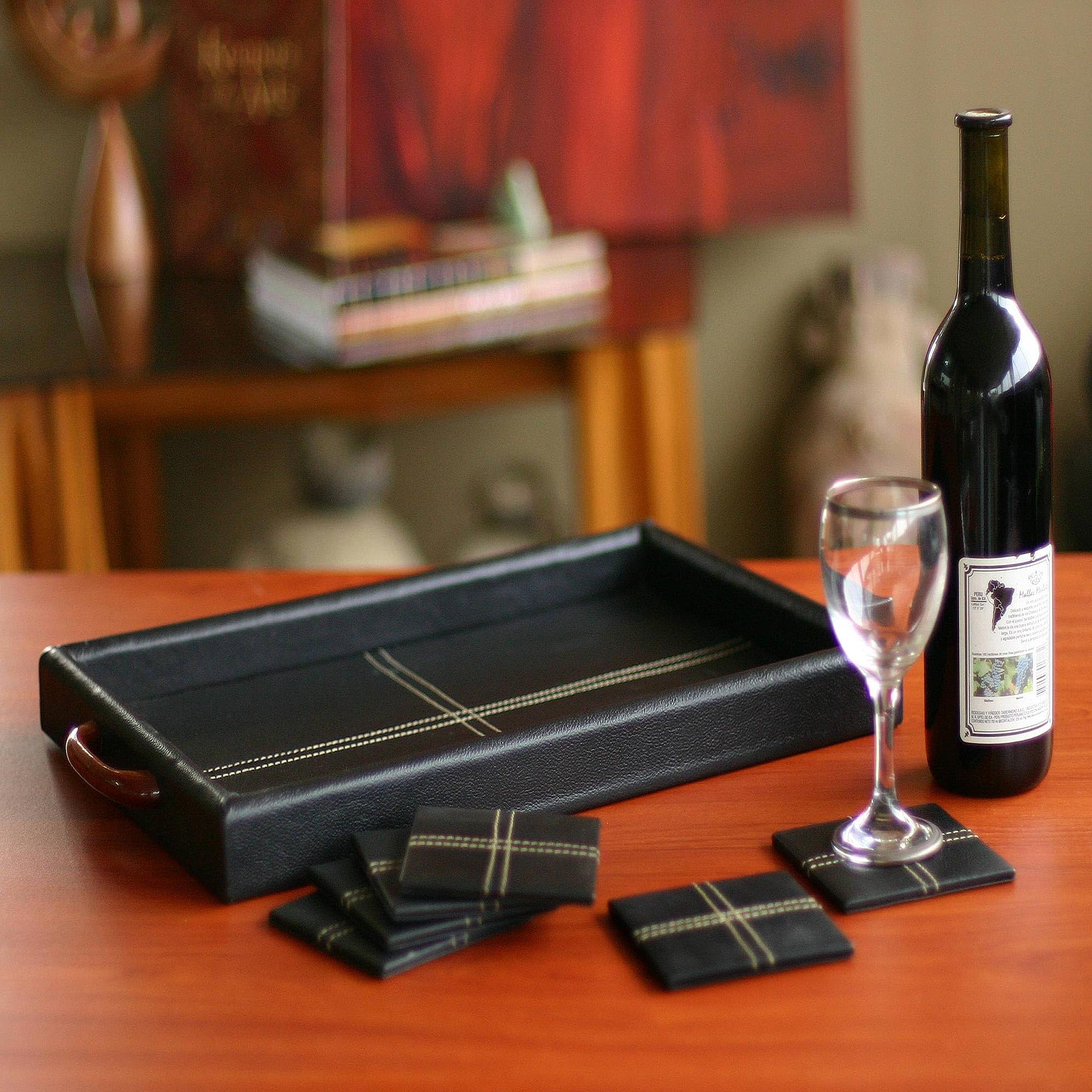 Premium NOVICA Leather & Cedar Coaster Set - Black Tie (Set of 6) | Elegant Drink Coasters for Wine, Cocktails & Home Decor