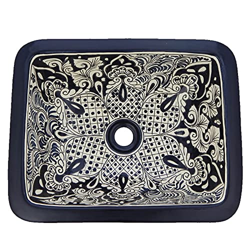 Handmade Talavera Rectangle Black Mexican Bathroom Sink #184 - Authentic Mexican Ceramic Vessel Sink for Farmhouse, Rustic, and Spanish Style Bathrooms