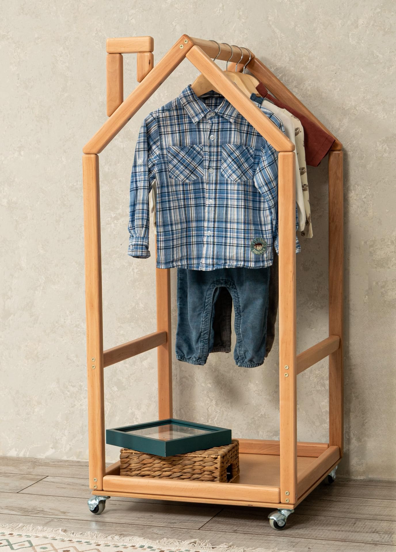BUSYWOOD Kids Clothes Rack - Adjustable Wooden Toddler Wardrobe with Wheels | Montessori Clothing Organizer & Storage for Children's Clothes | Perfect for Bedroom, Playroom & Daycare Organization