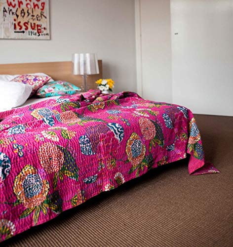 YUVANCRAFTS Kantha Fruit Screen Print Cotton Quilt - Indian Handmade Bedspread for Queen Size Bed in Pink | Perfect for Boho Bedroom Decor, Guest Room Cover, or Cozy Living Room Throw