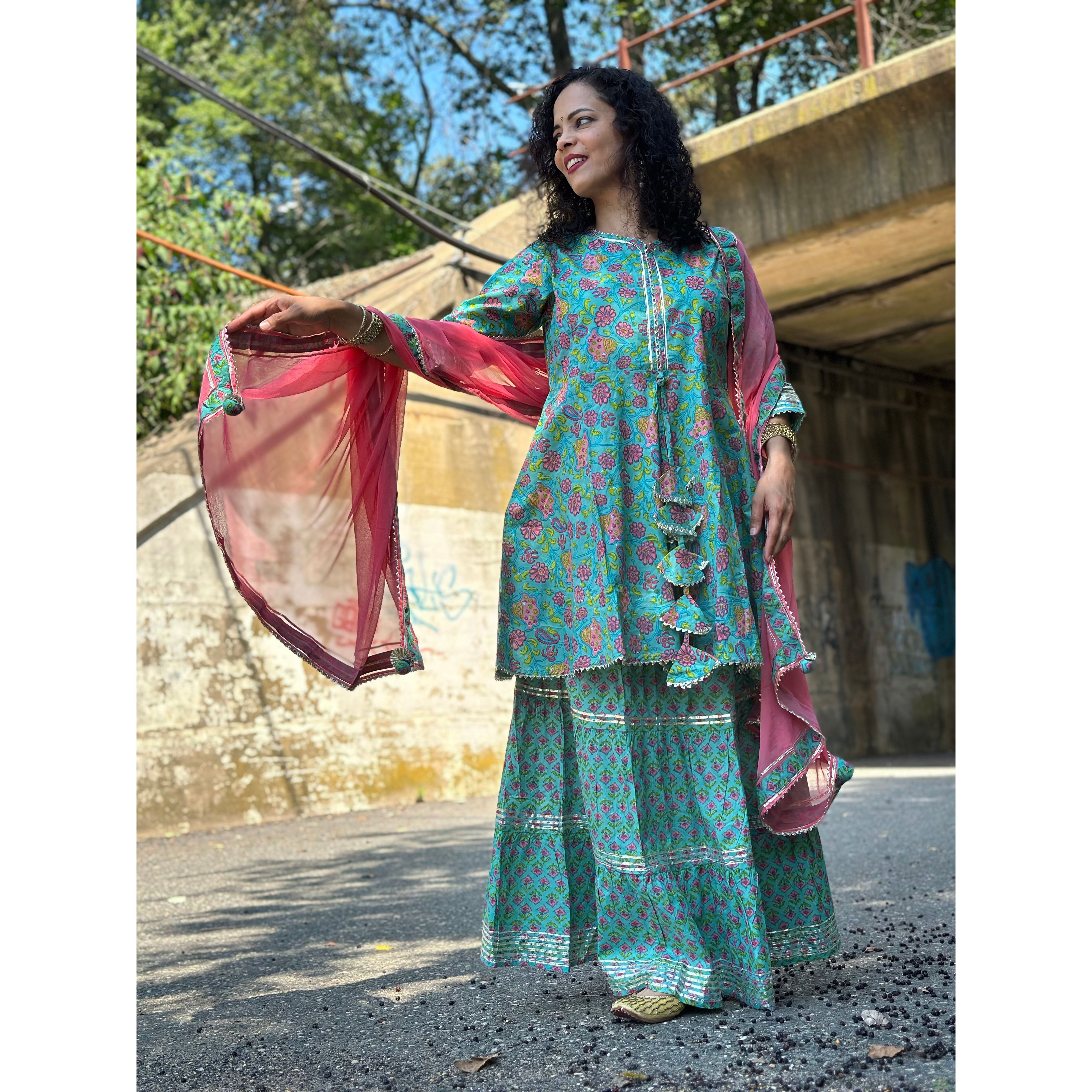 Stylish Sea Green Printed Kurti Set with Skirt & Dupatta - Perfect for Festivals, Weddings & Ethnic Occasions