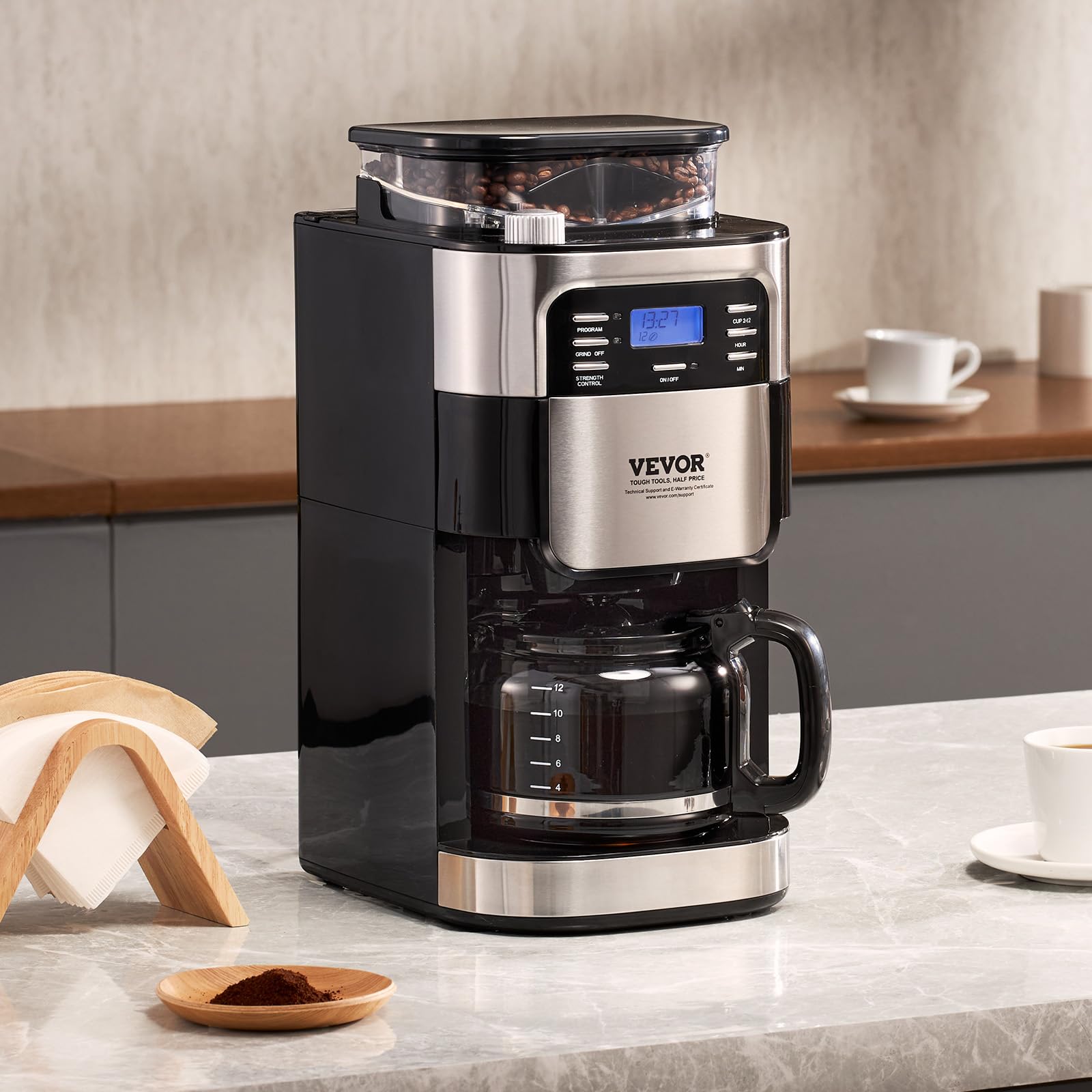 VEVOR 12-Cup Coffee Maker with Built-in Grinder, 3-Strength Control & 24-Hour Programmable Timer - Automatic Grind and Brew Coffee Machine for Home, Office, Restaurant Use