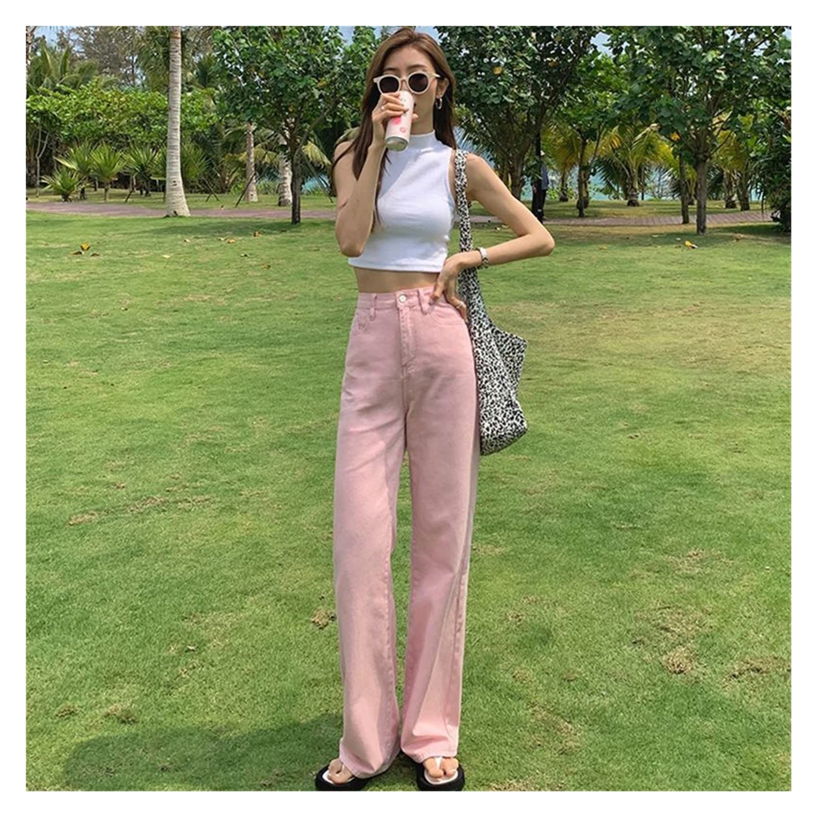 High Waist Loose Comfortable Pink Jeans for Women - Casual Straight Leg Pants (Size M) | Perfect for Everyday Wear, Office & Weekend Outfits