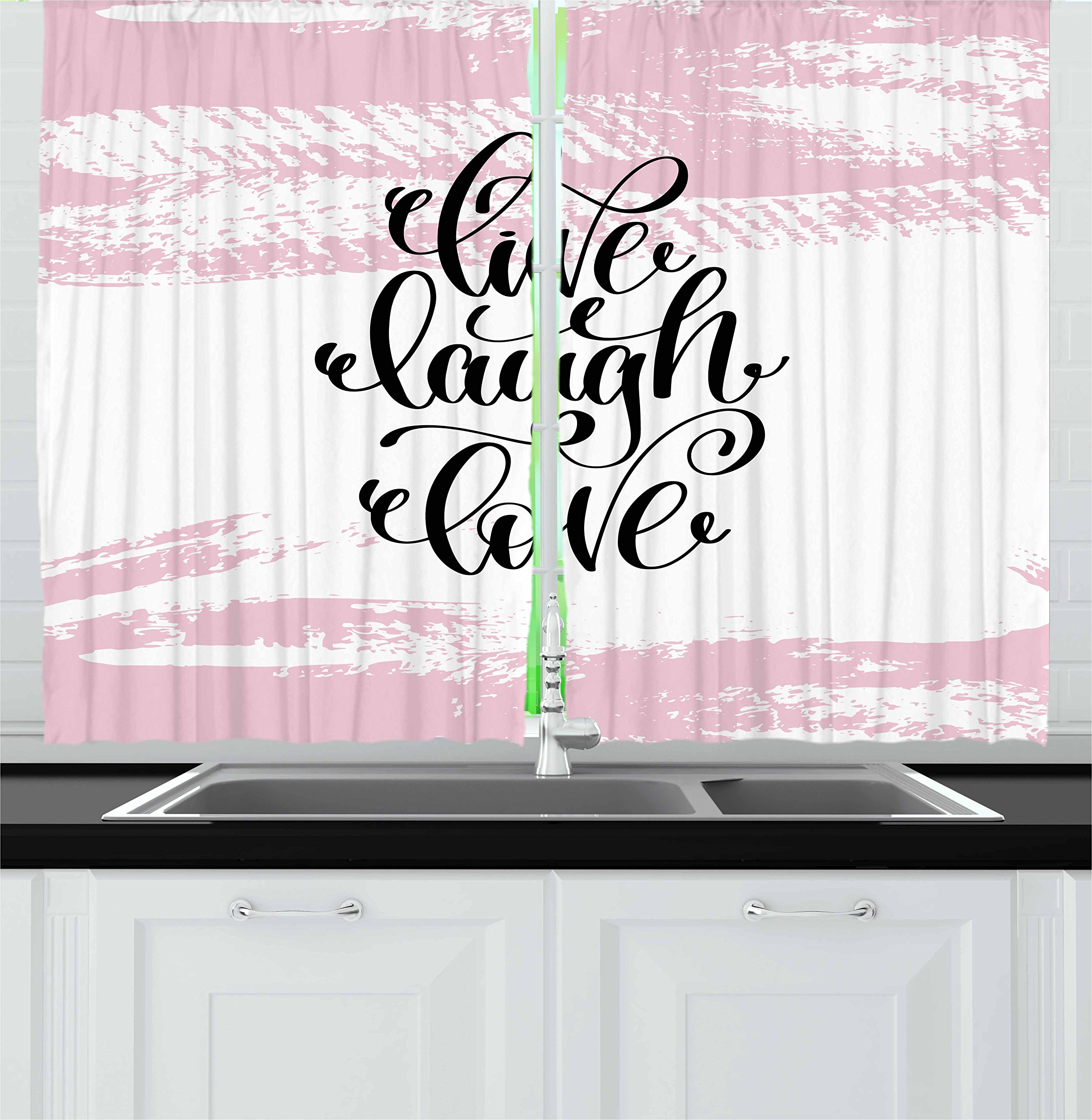 Ambesonne Abstract Pink Brush Stroke Kitchen Curtains - Live Laugh Love Hand Lettering Window Drapes, 2 Panel Set (55x39 Inch) - Blush Black White Cafe Style Decor for Kitchen, Dining Room & Coffee Shop