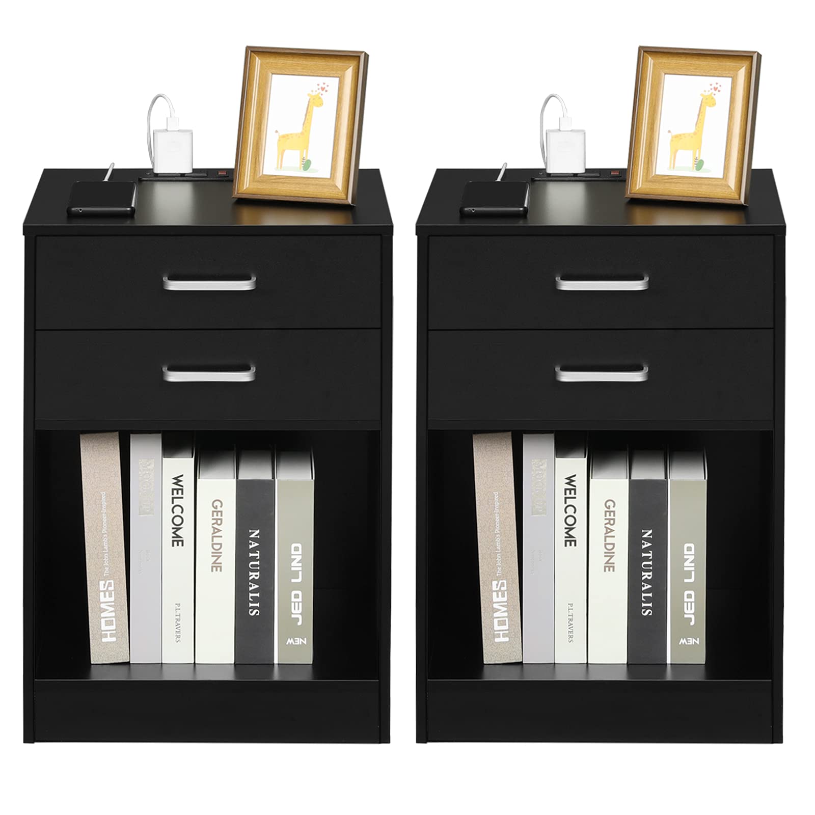 ADORNEVE Nightstands Set of 2 - Black Bedside Tables with USB Charging Station & 2 Drawers, Modern Night Stands for Bedroom Furniture, Perfect for Small Spaces and Apartment Living