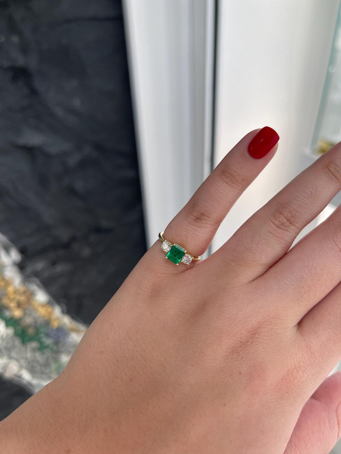 1.34ct Vivid Emerald Cut Emerald & Round Diamond Accent Engagement Ring - Elegant Proposal, Wedding, Anniversary Gift for Her