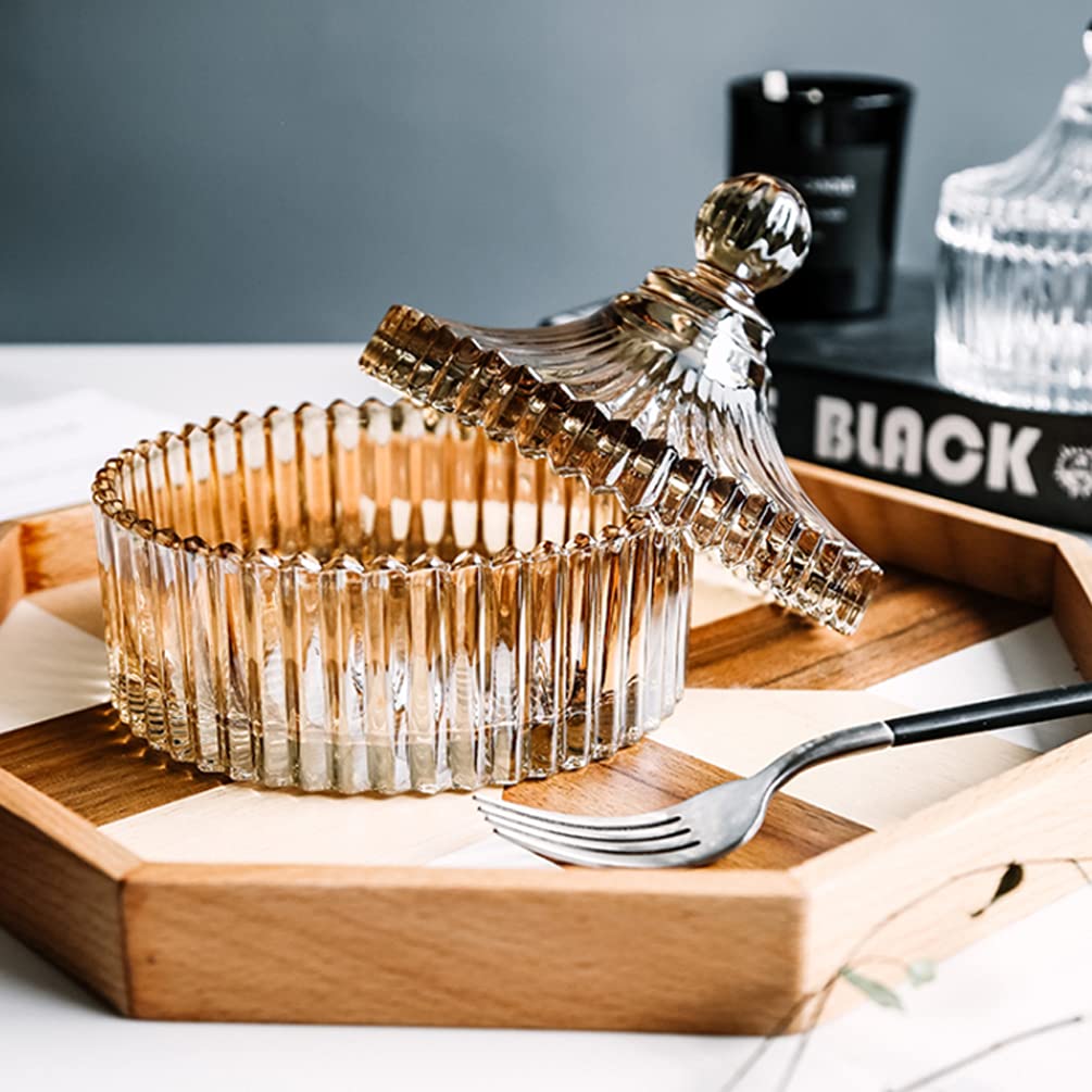 10OZ (280ML) Amber Glass Candy Dish with Lid - Decorative Covered Candy Bowl, Apothecary Jar for Biscuits, Seasonings & Treats - Perfect for Home, Kitchen, Office Desk & Gift Giving
