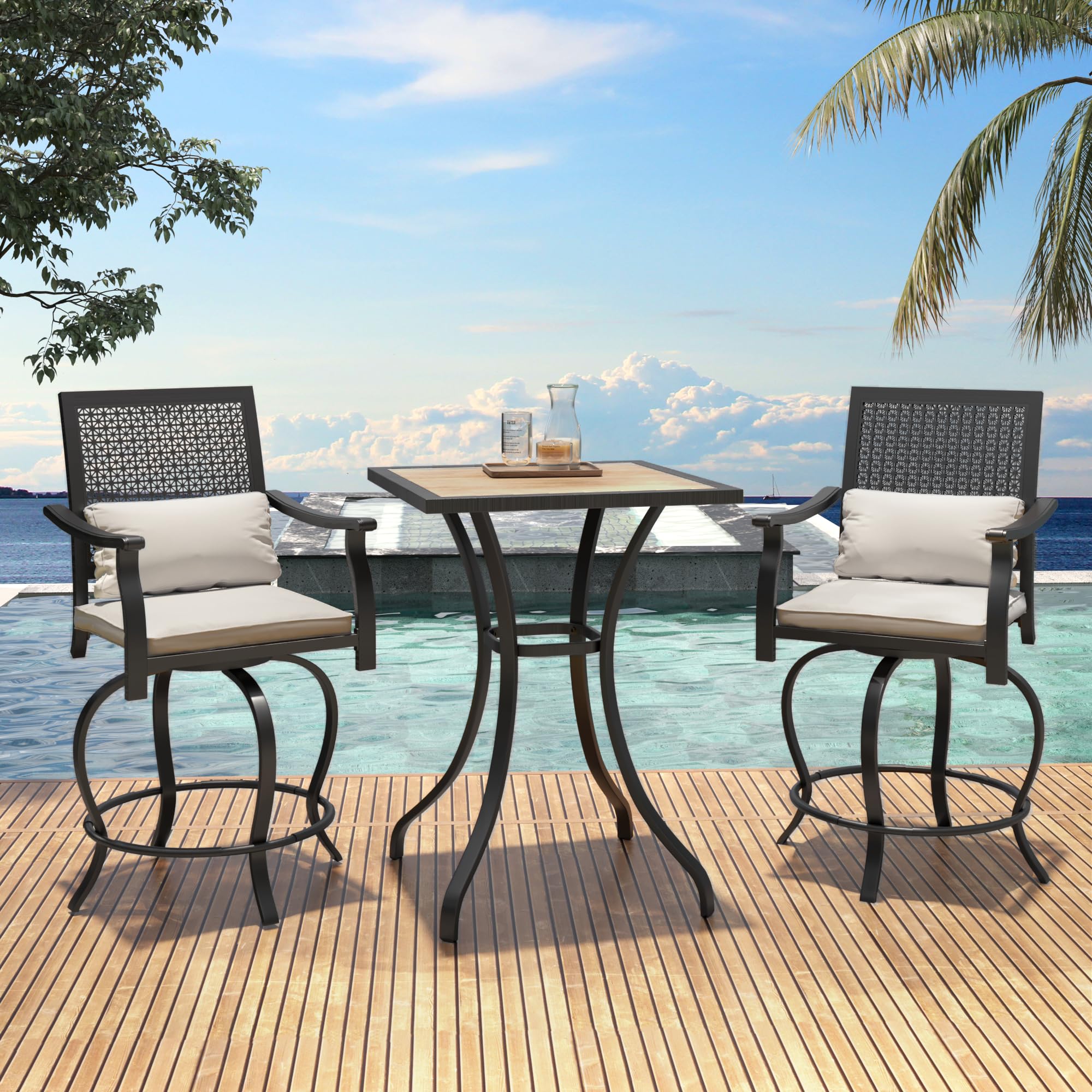 AECOJOY 3-Piece Outdoor Bar Set - High Top Table with 2 Swivel Stools, Patio Bistro Set for Garden, Porch, Lawn & Backyard - Perfect for Entertaining, Relaxing & Outdoor Dining