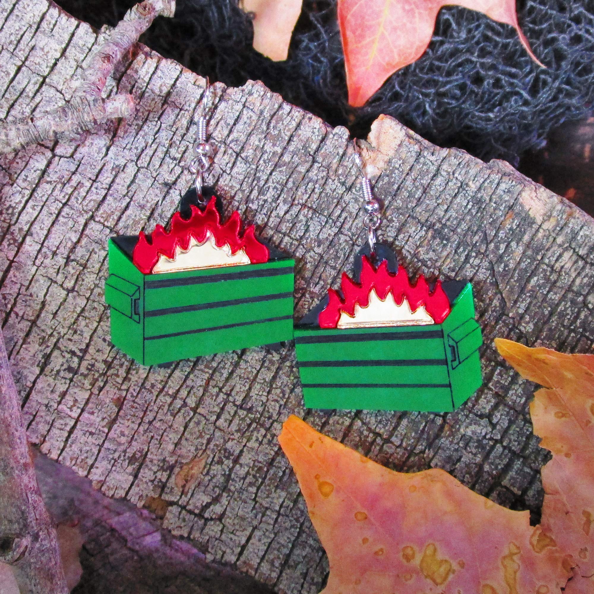 Funny Green Dumpster Fire Burning Trash Garbage Dangle Earrings - Unique Novelty Jewelry for Women - Perfect for Costume Parties, Gifts & Statement Fashion