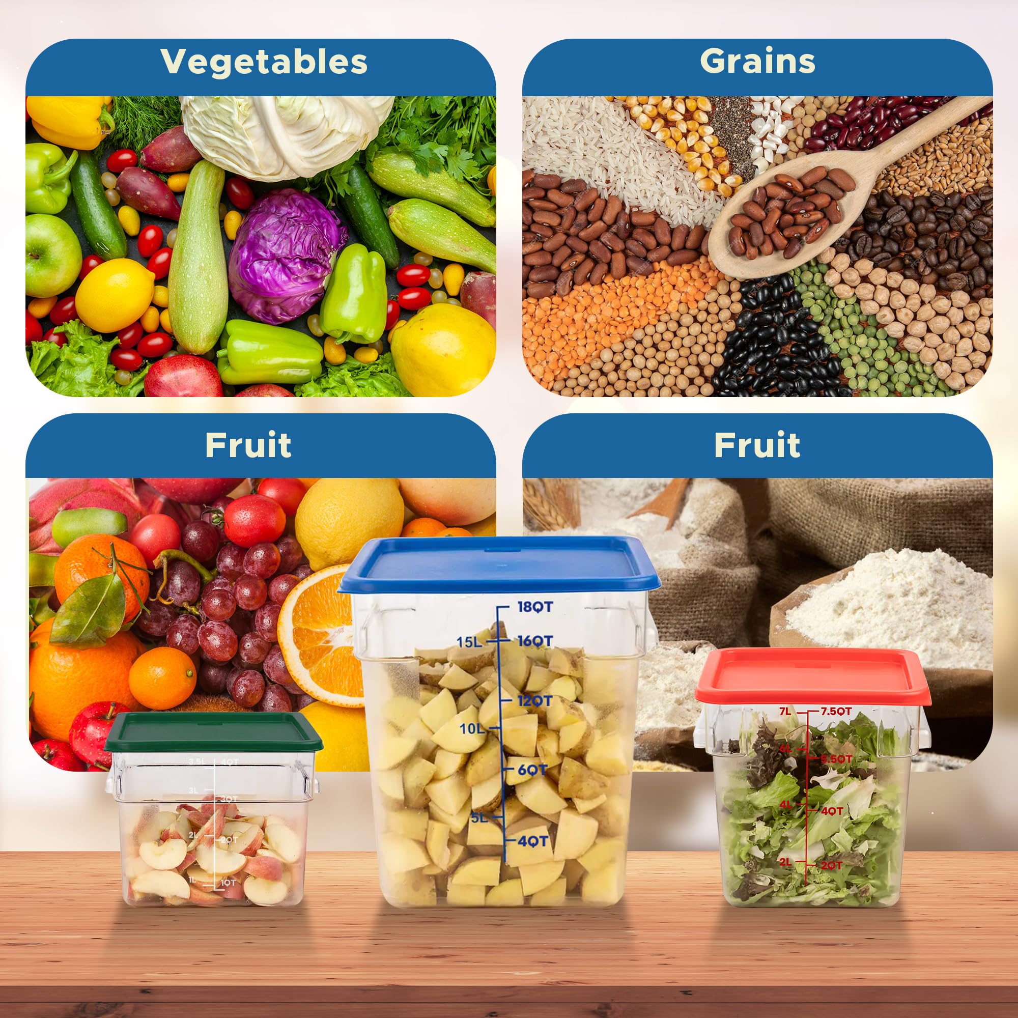 4 Pack 18QT Square Clear Polycarbonate Food Storage Containers with Lids & Measurement Scales - Commercial Grade, BPA-Free, Stackable for Kitchen, Restaurant, Meal Prep & Bulk Food Organization