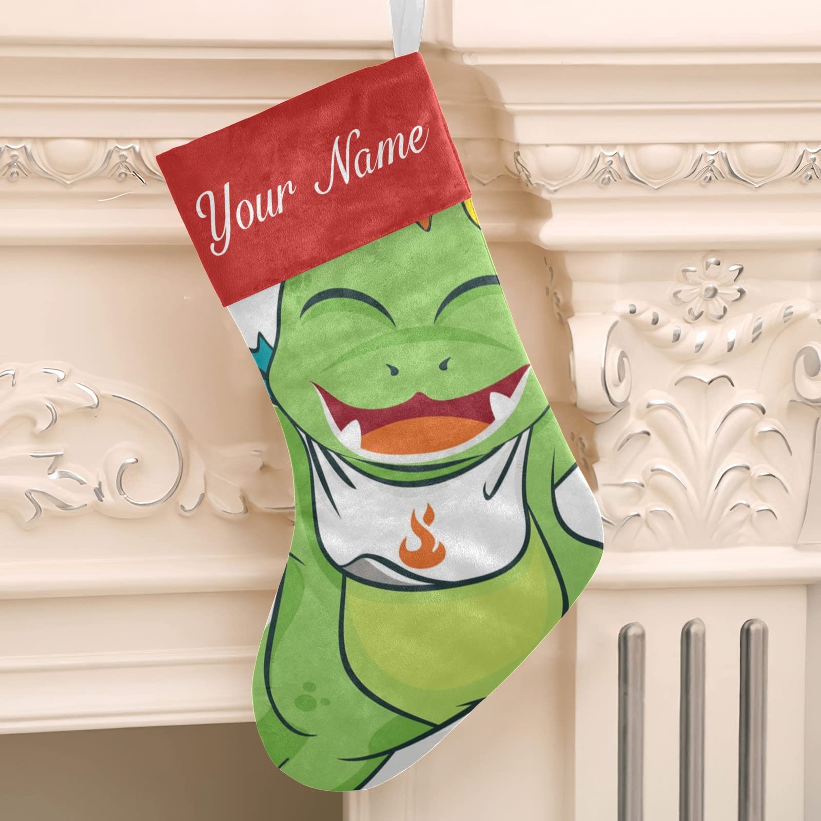 Personalized Christmas Stocking with Little Green Dragons Monster Design - Custom Name Socks for Xmas Tree & Fireplace Hanging Decoration - 17.52 Inch Festive Holiday Home Decor for Kids' Bedroom or Living Room